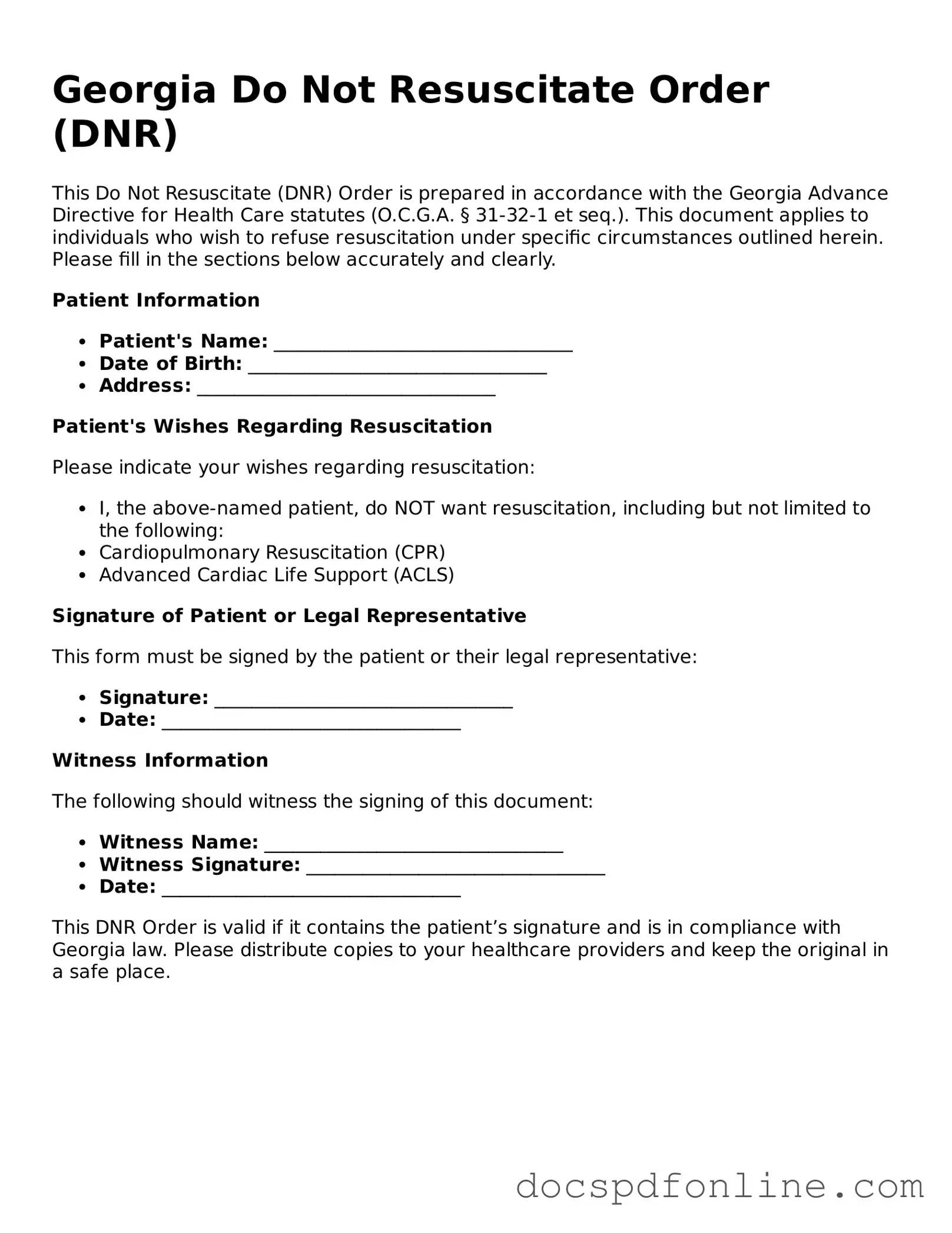 Legal  Do Not Resuscitate Order Template for Georgia