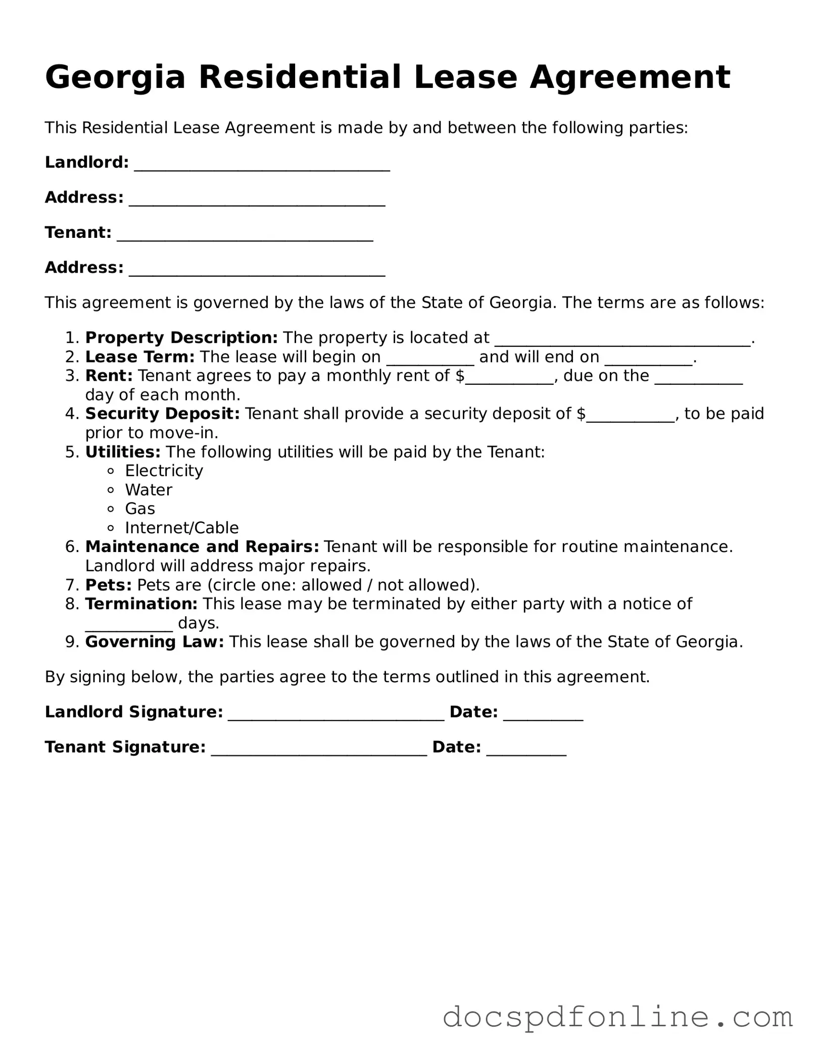 Legal  Residential Lease Agreement Template for Georgia