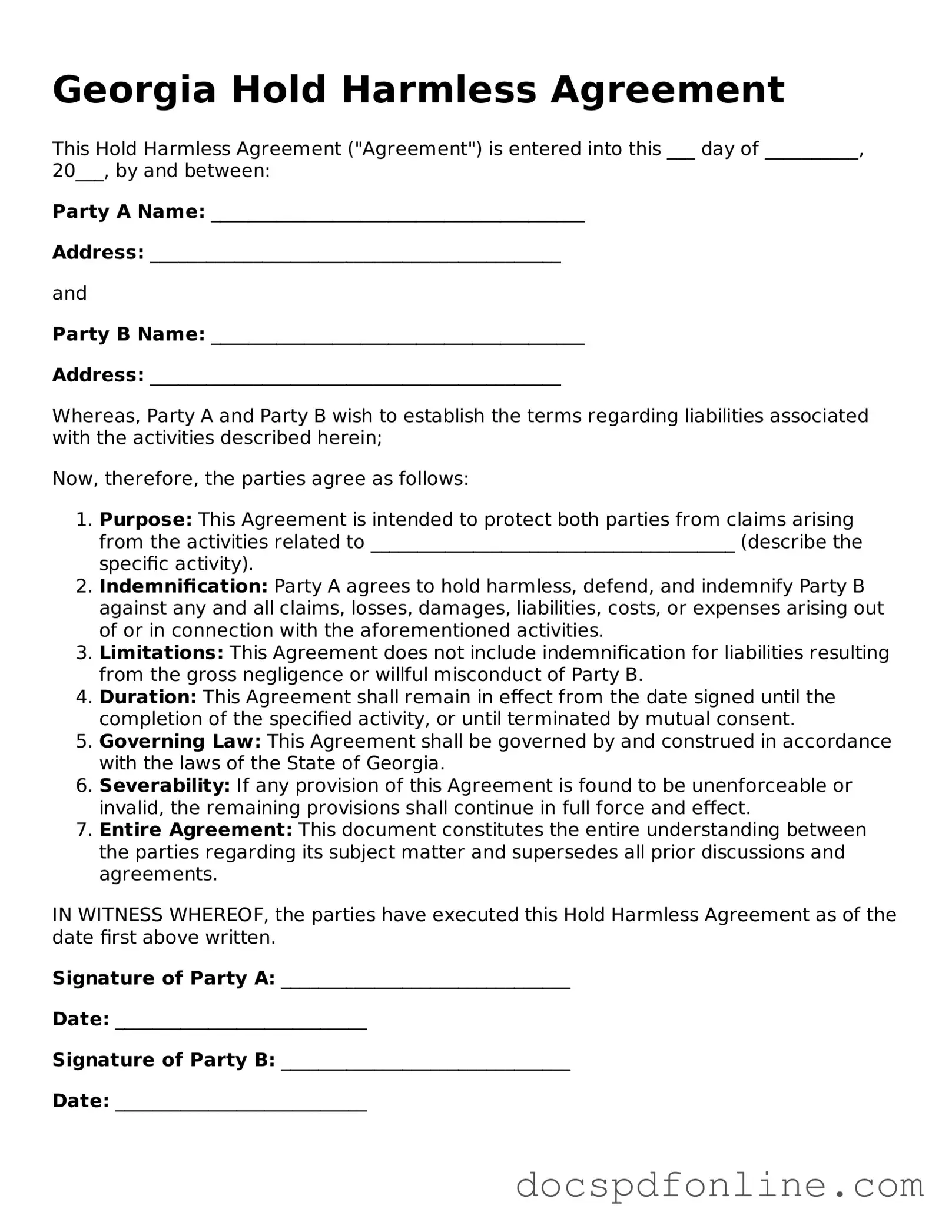 Legal  Hold Harmless Agreement Template for Georgia