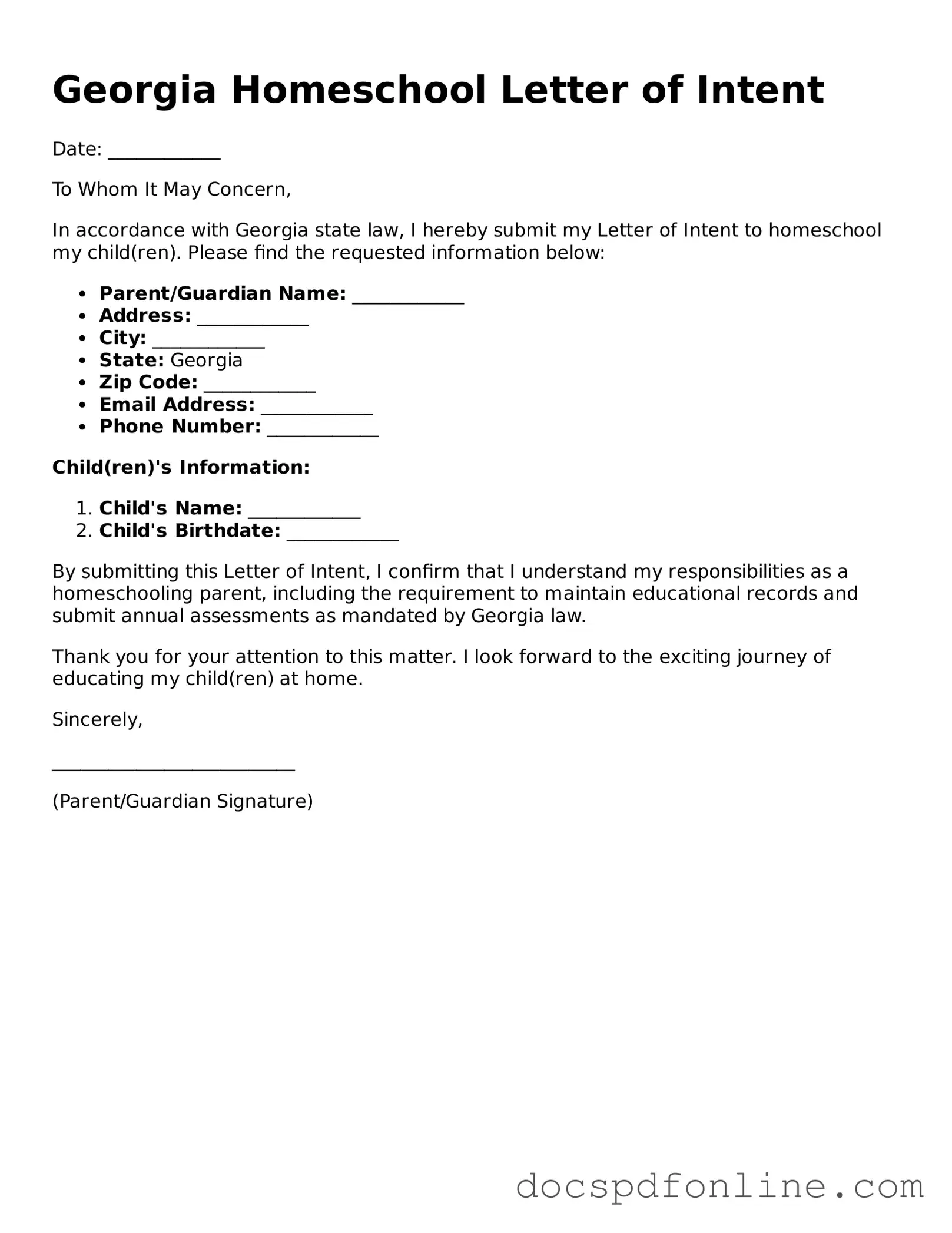 Legal Homeschool Letter of Intent Template for Georgia