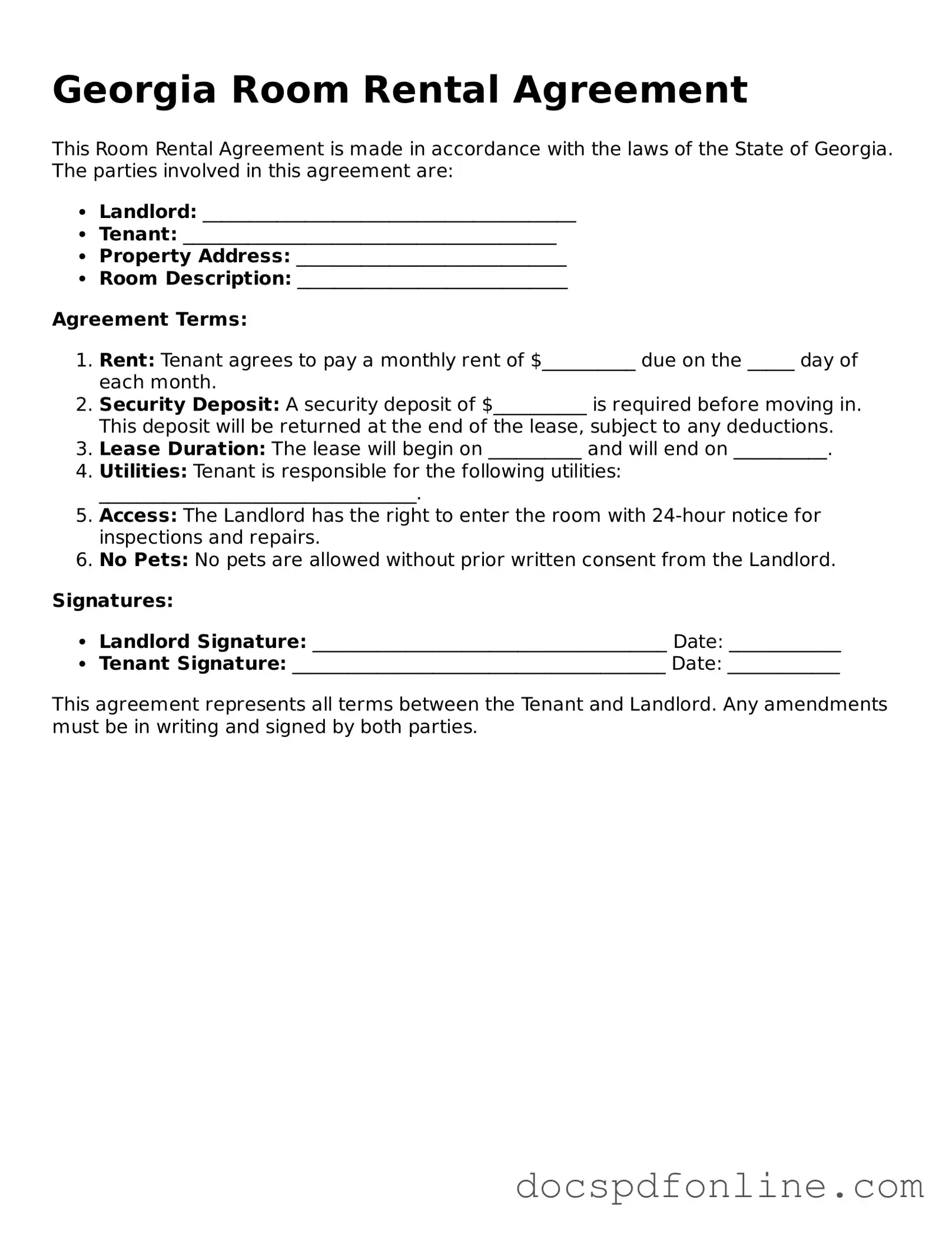 Legal  Room Rental Agreement Template for Georgia