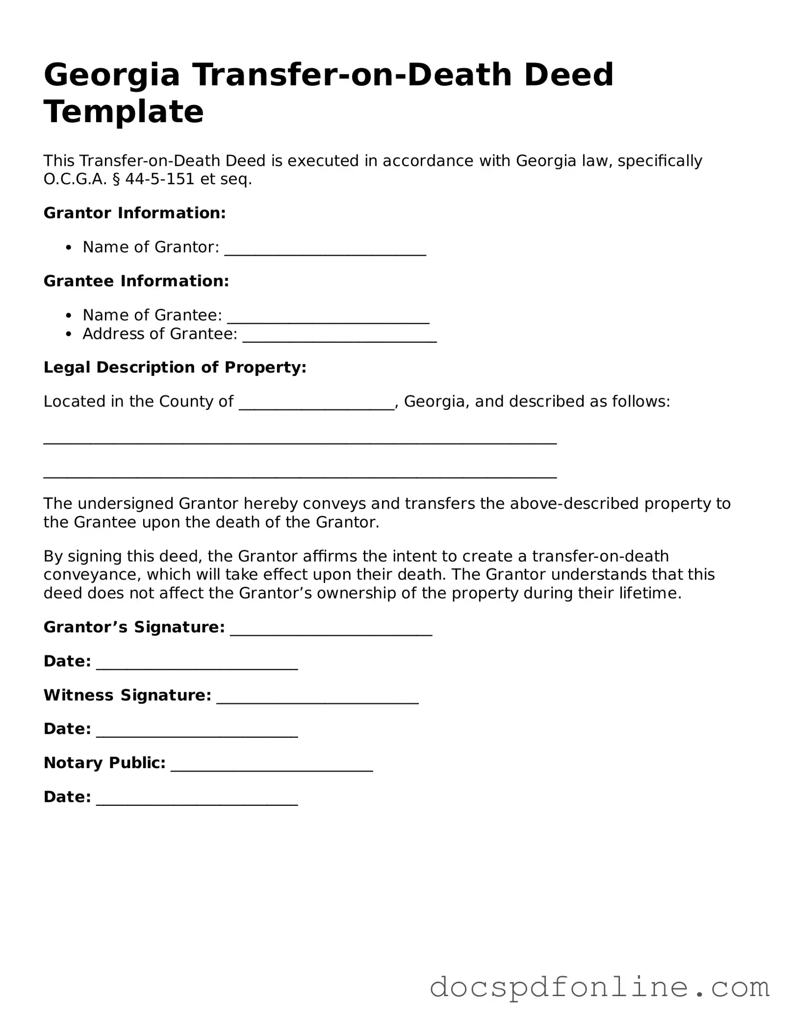 Legal  Transfer-on-Death Deed Template for Georgia