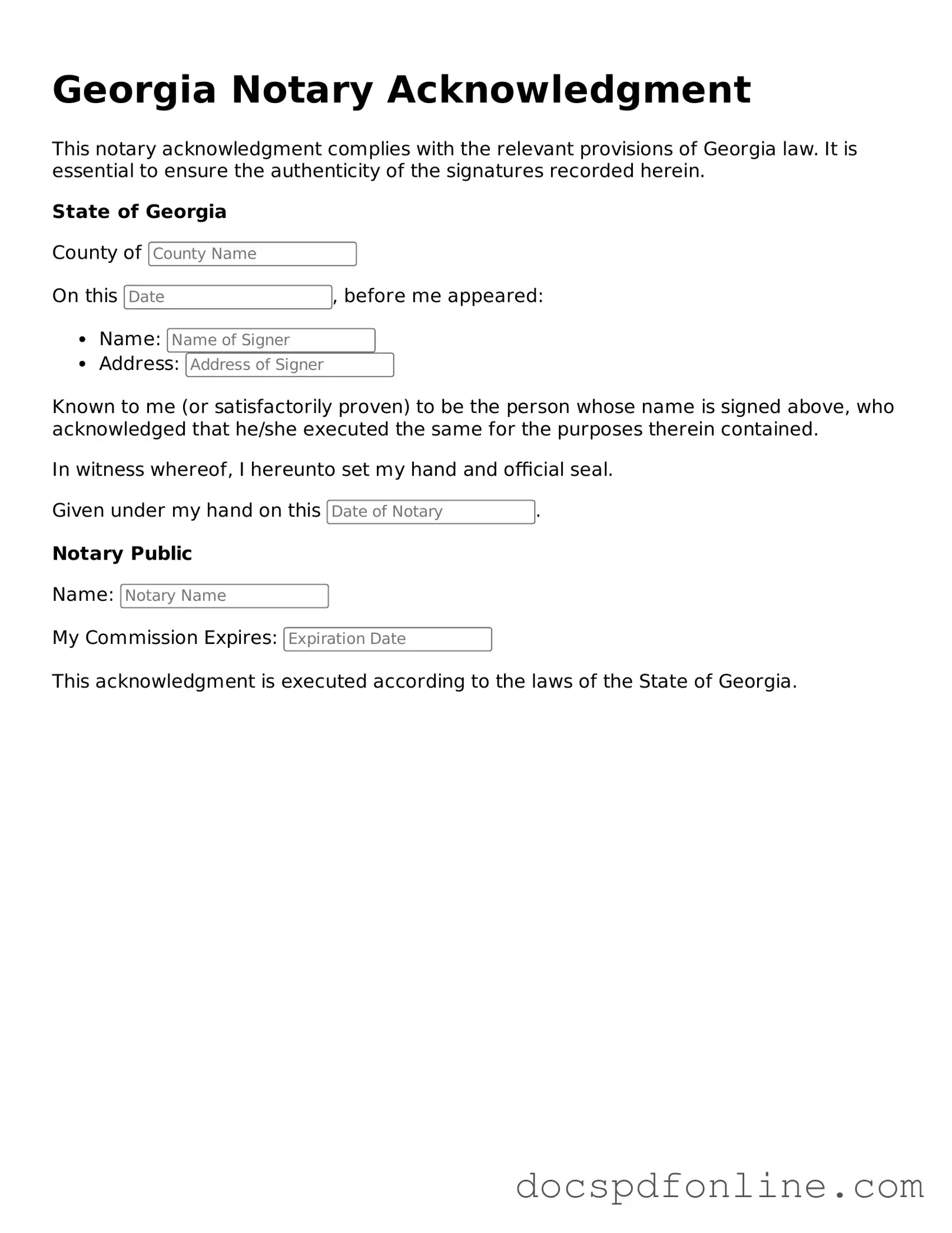 Legal Notary Acknowledgement Template for Georgia