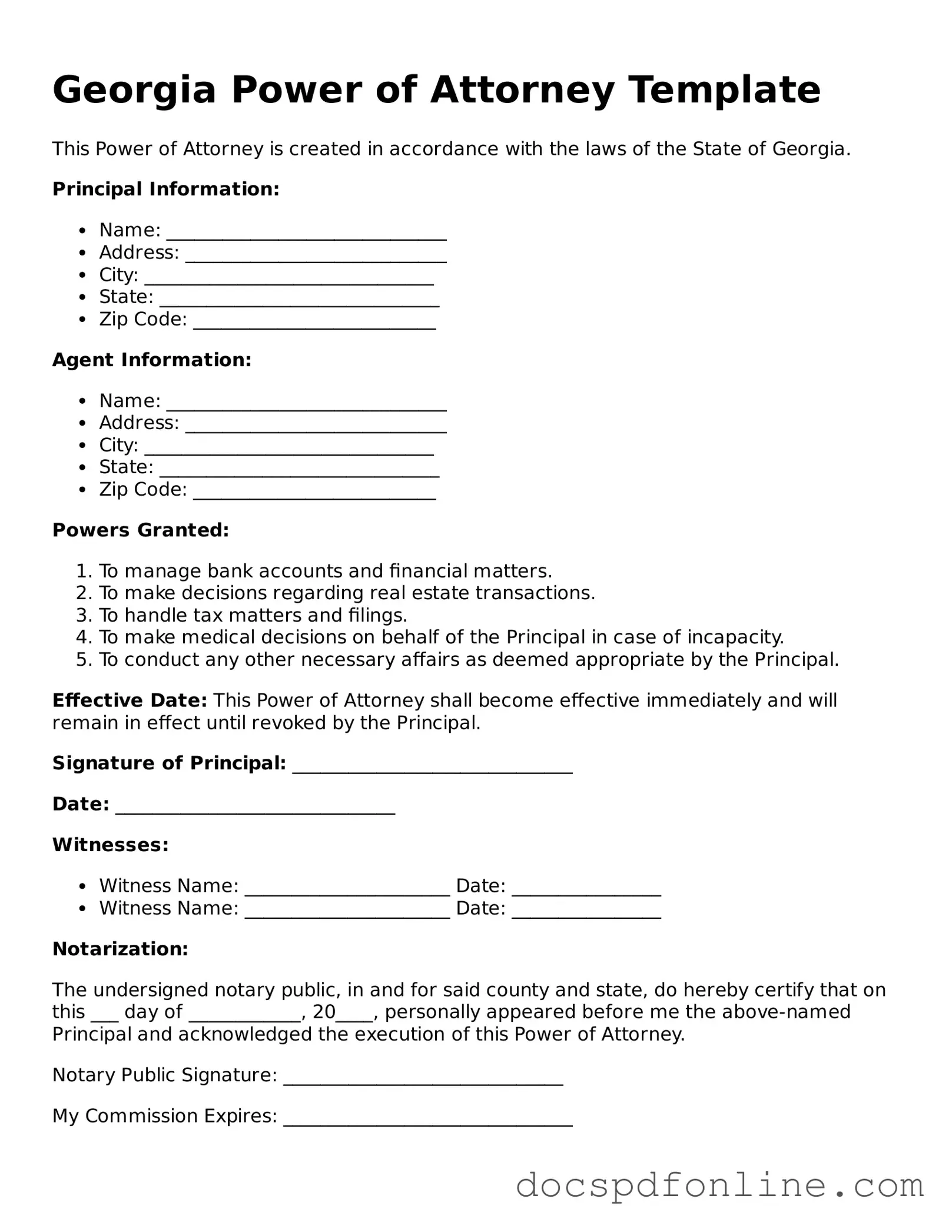 Legal  Power of Attorney Template for Georgia