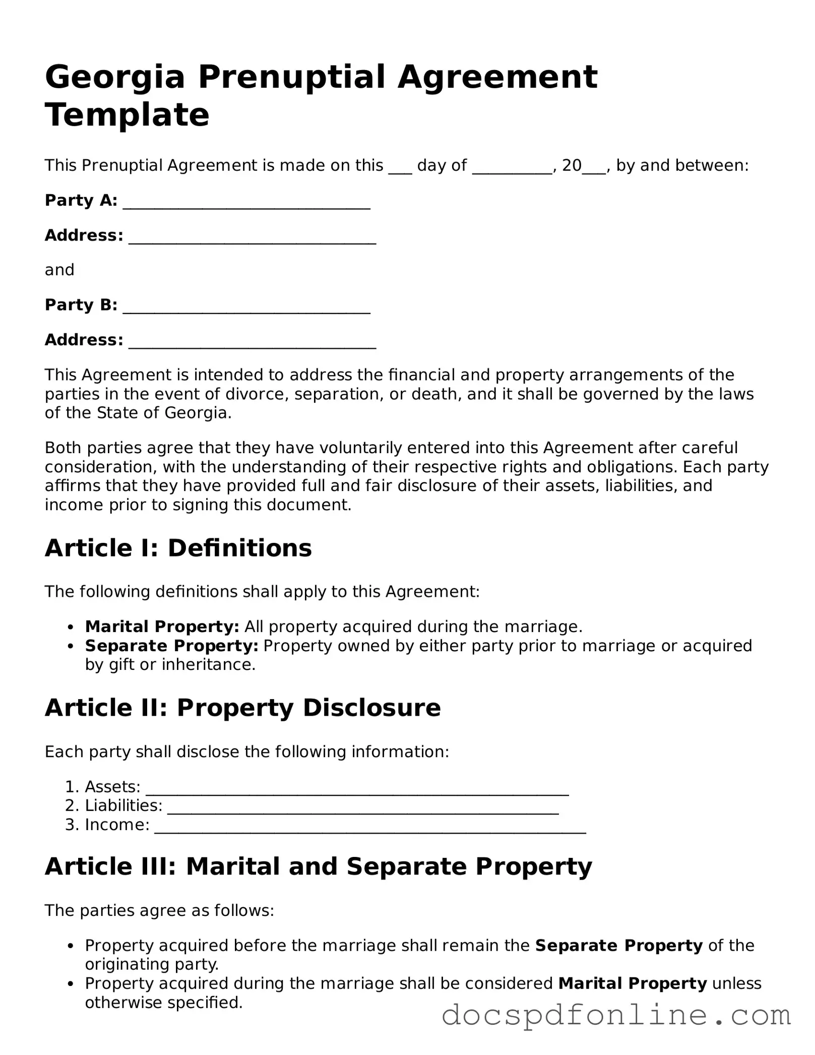 Legal  Prenuptial Agreement Template for Georgia