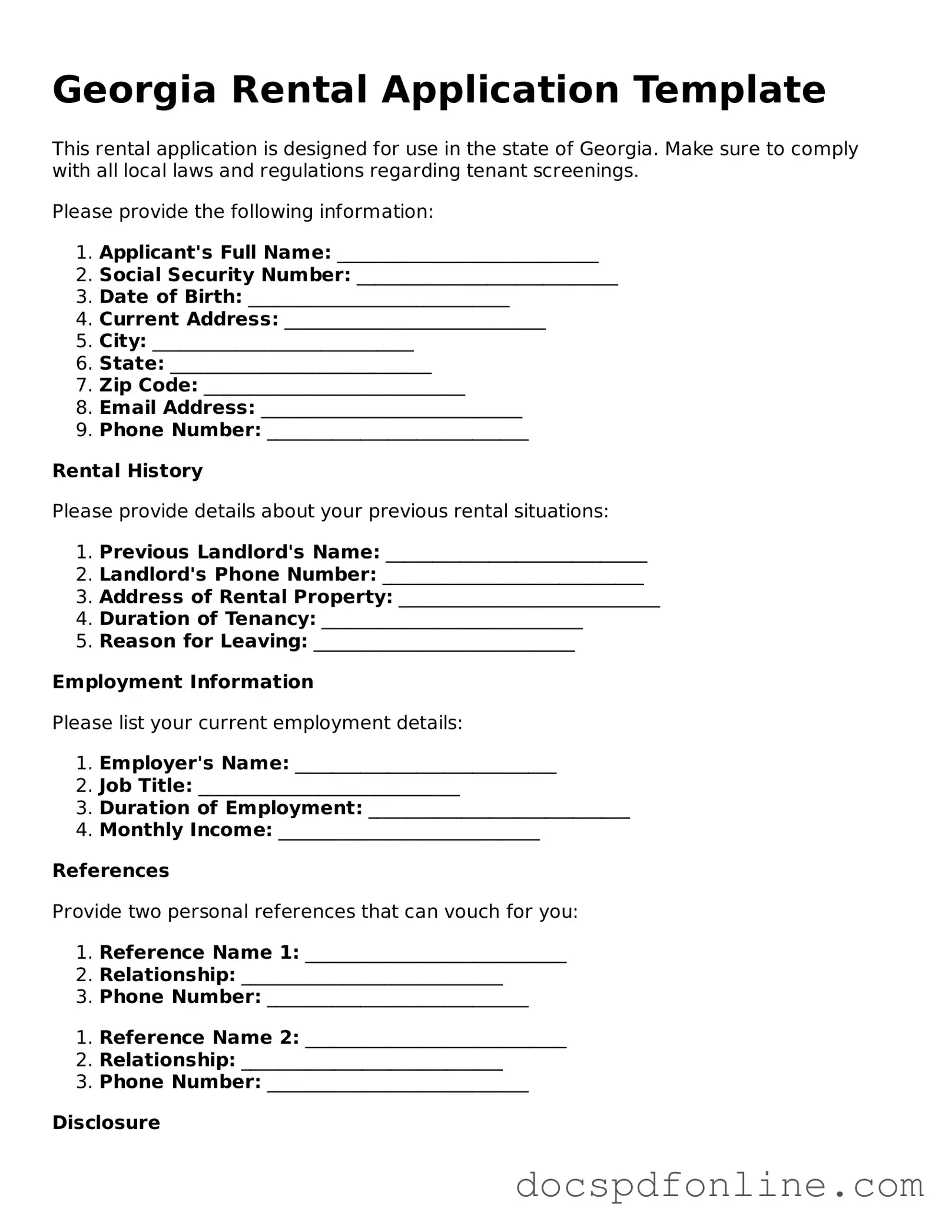 Legal  Rental Application Template for Georgia