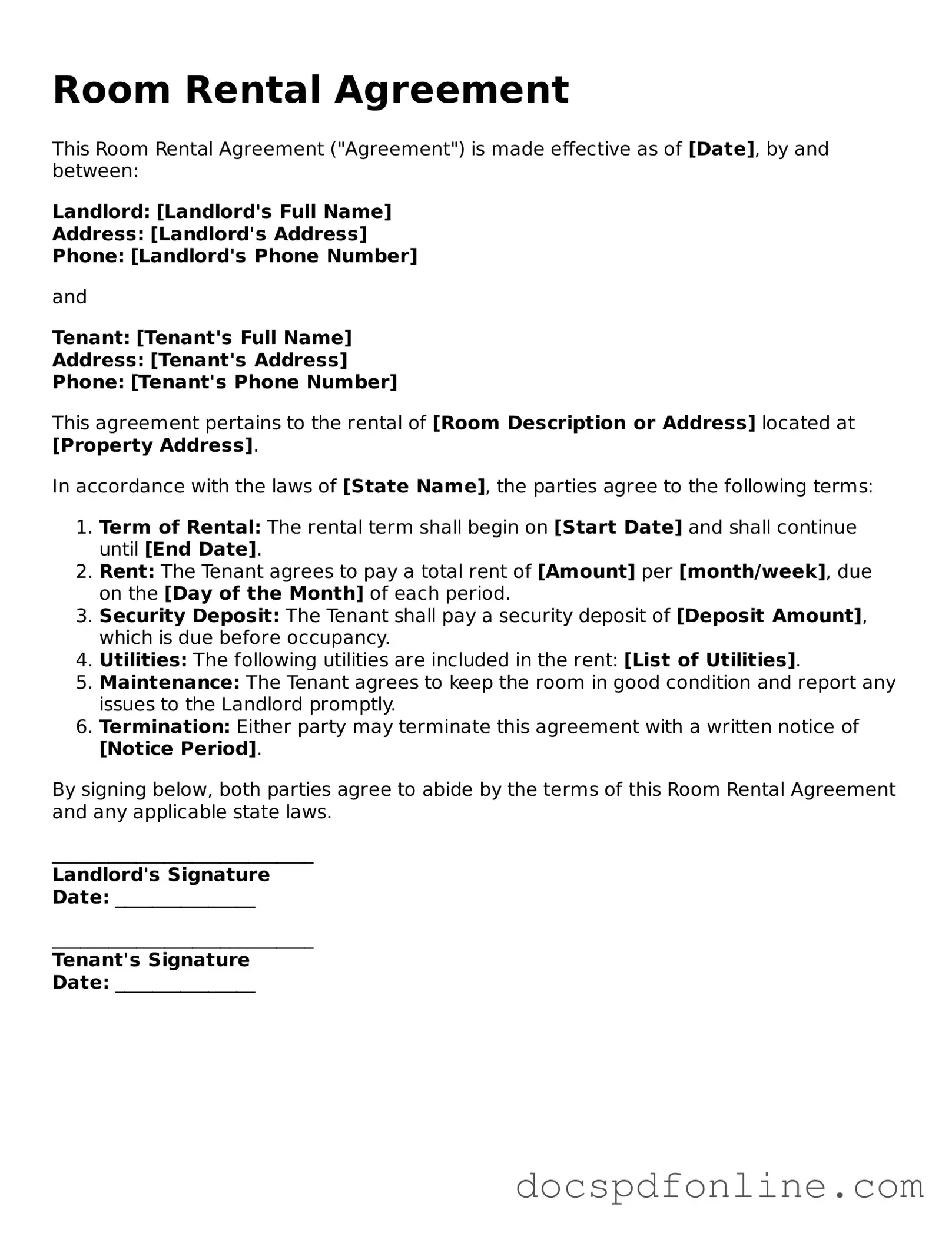 Attorney-Approved Room Rental Agreement Document