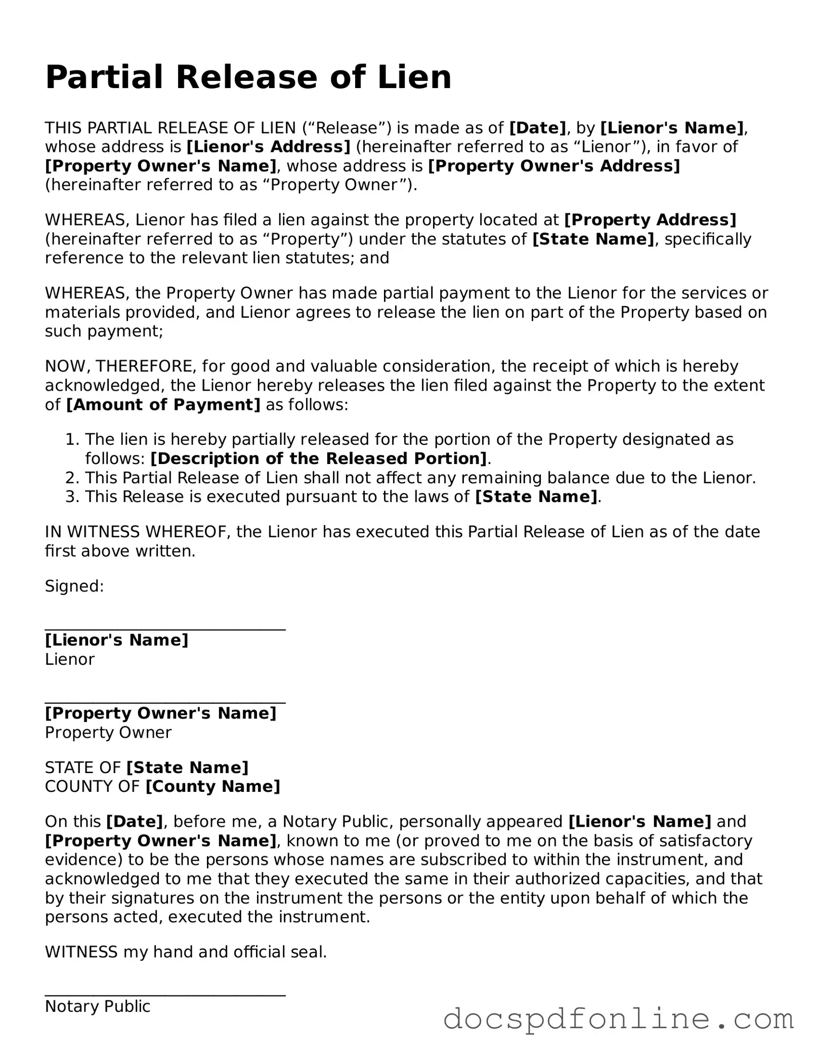 Attorney-Approved Partial Release of Lien Document