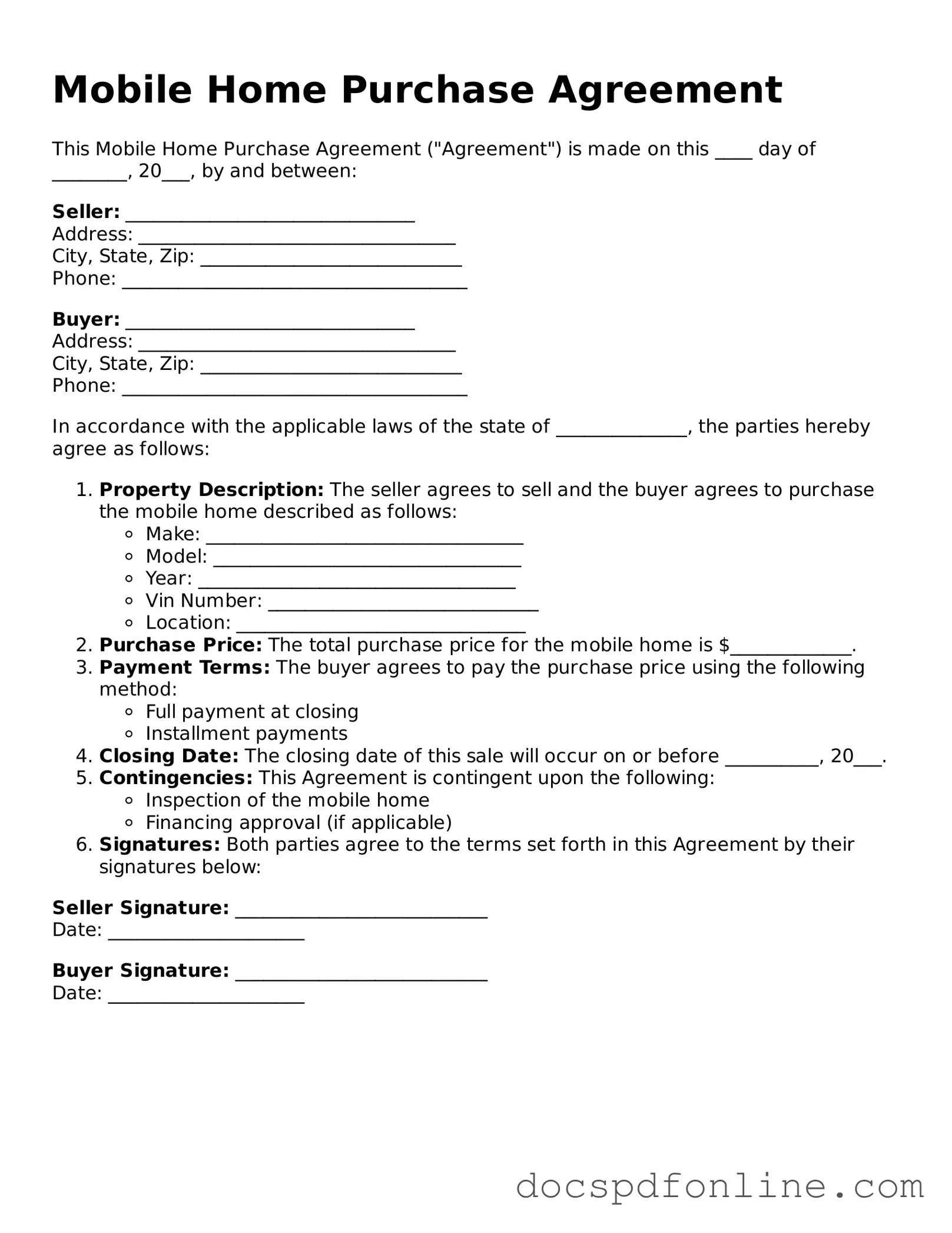 Attorney-Approved Mobile Home Purchase Agreement Document