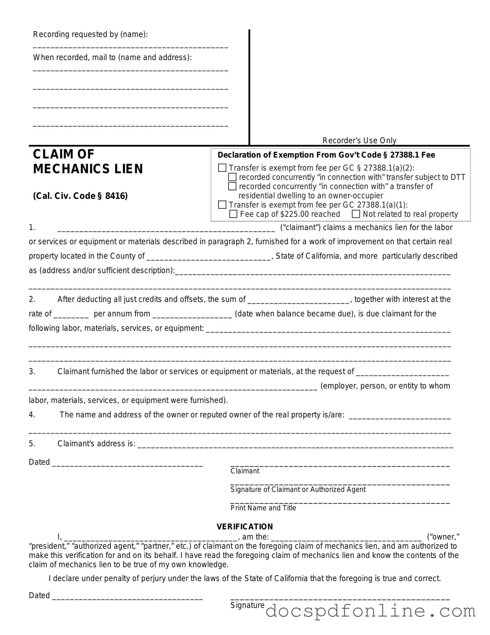 Fill Your Mechanics Lien California Form