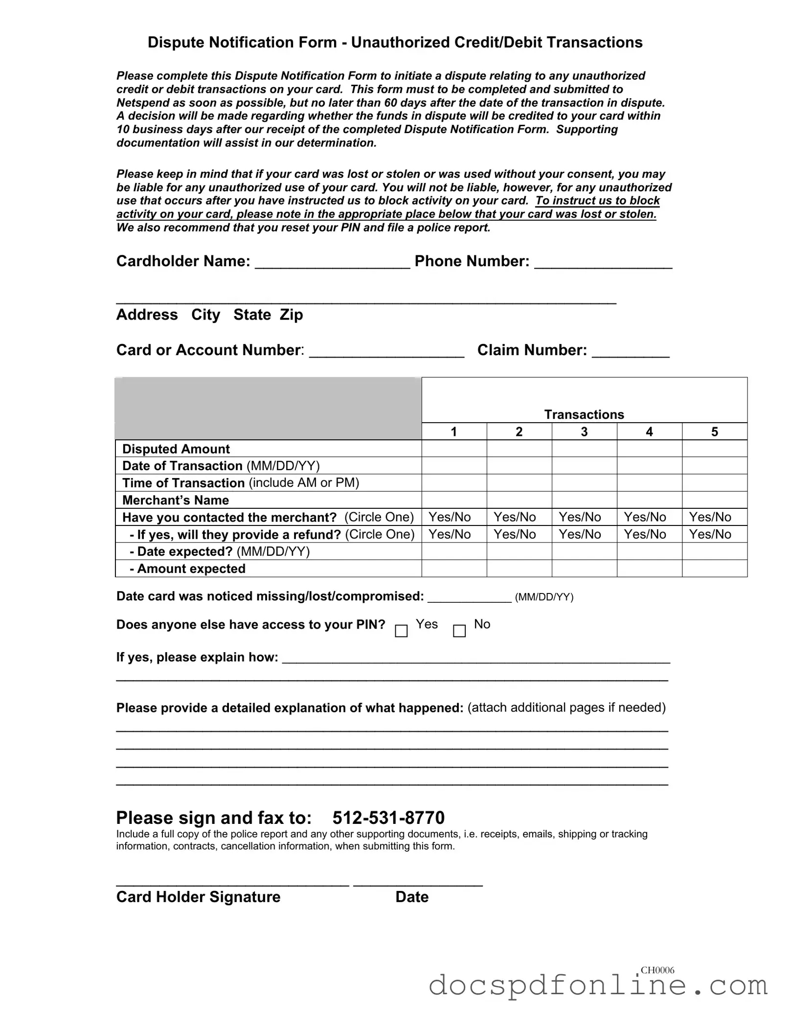 Fill Your Netspend Dispute Form