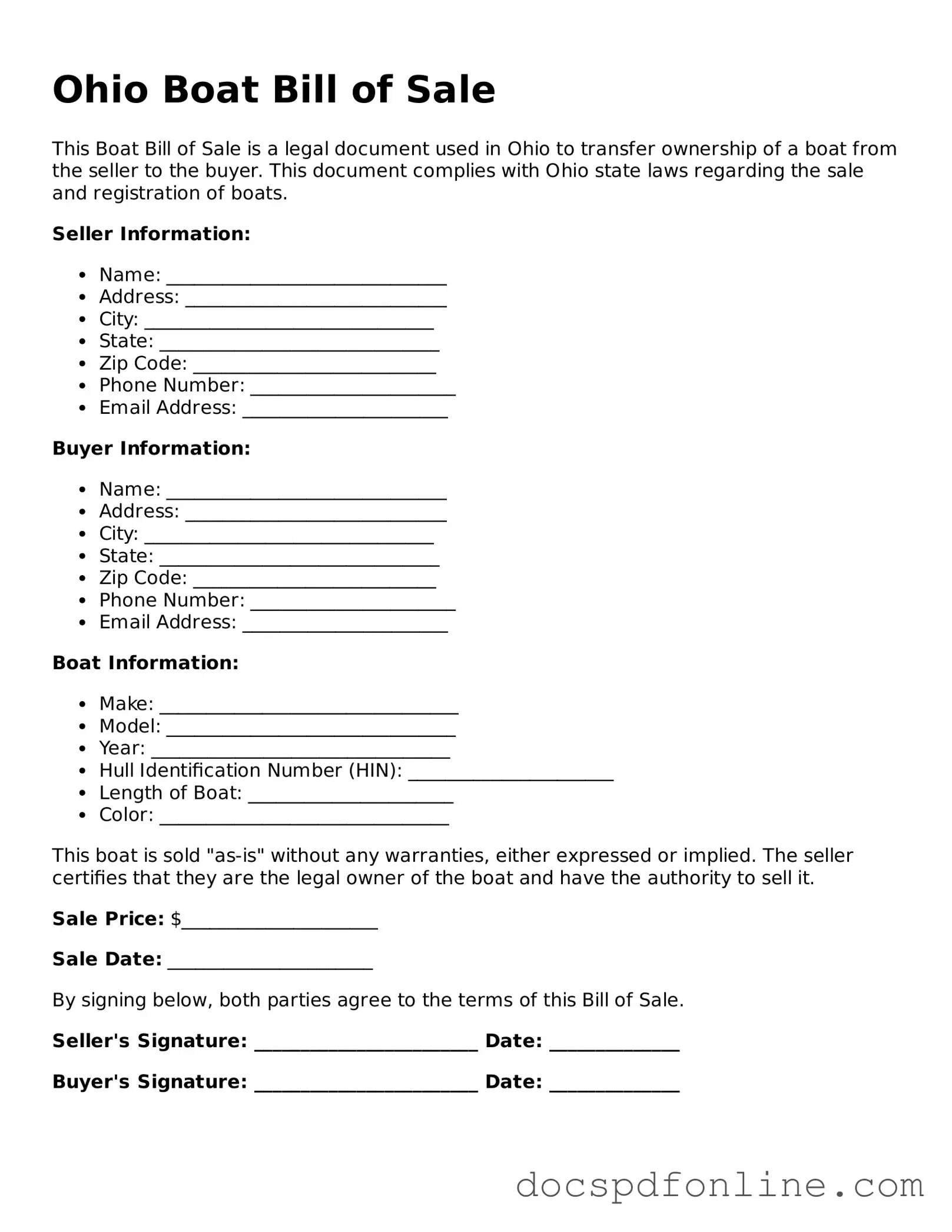 Legal  Boat Bill of Sale Template for Ohio