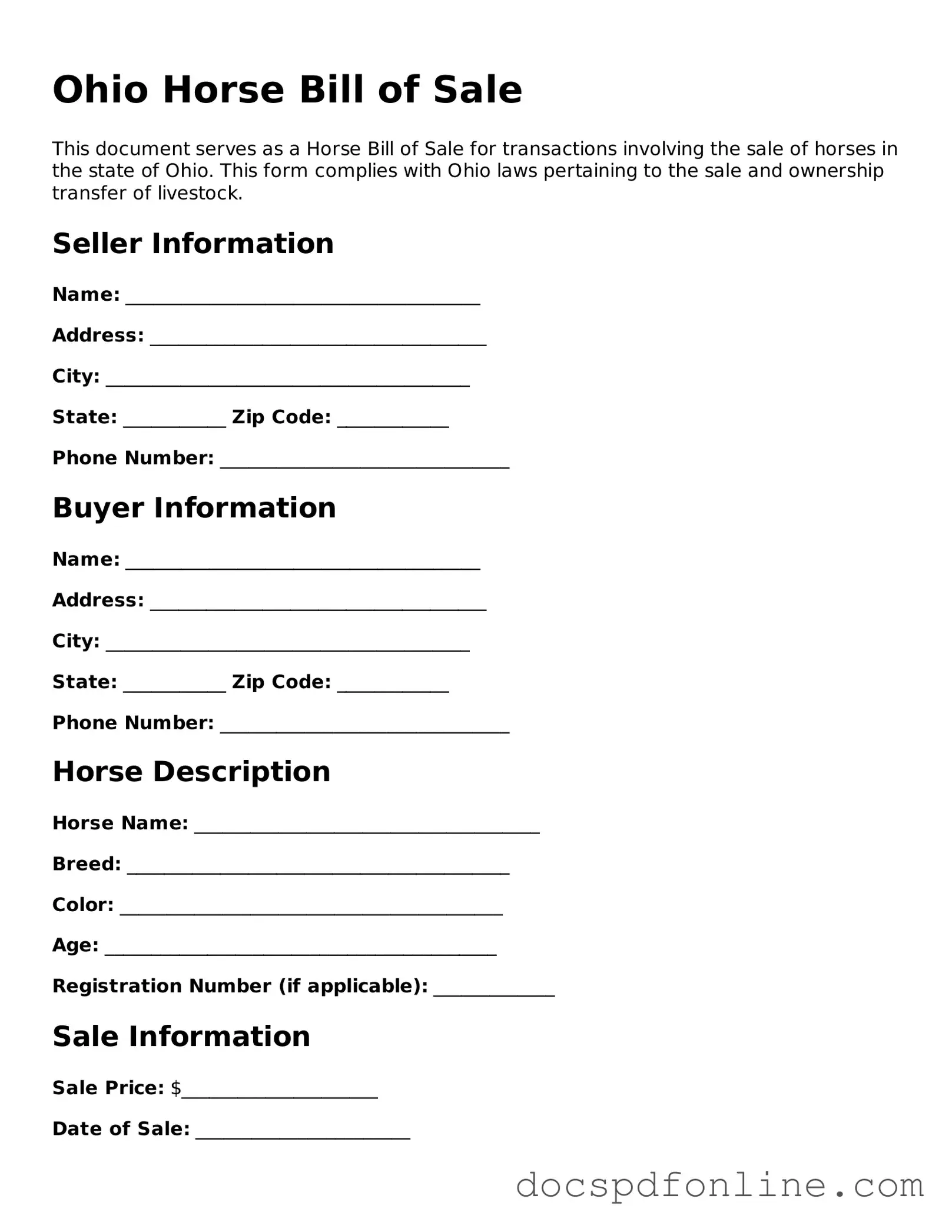 Legal  Horse Bill of Sale Template for Ohio