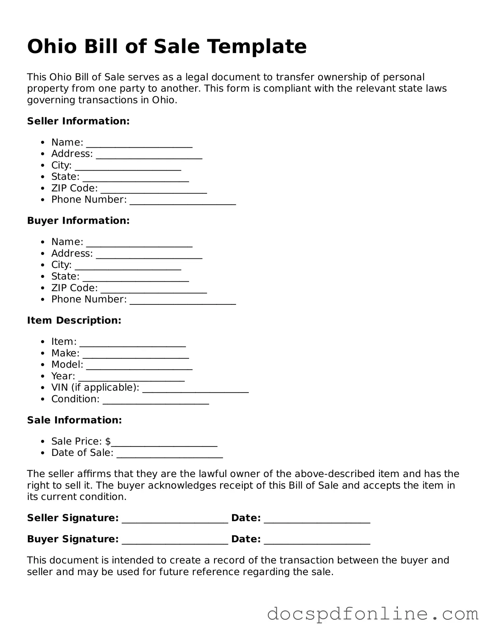 Legal  Bill of Sale Template for Ohio