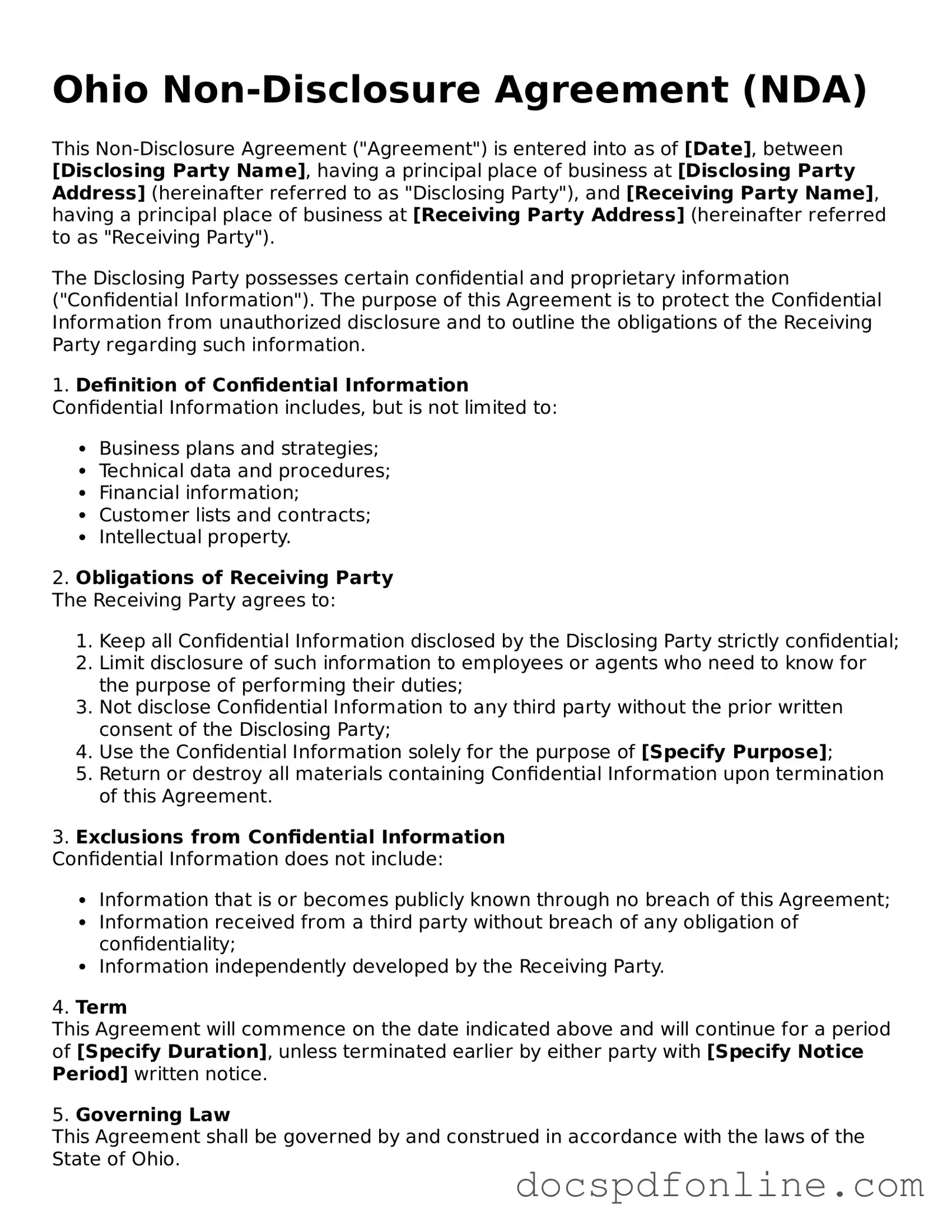 Legal  Non-disclosure Agreement Template for Ohio