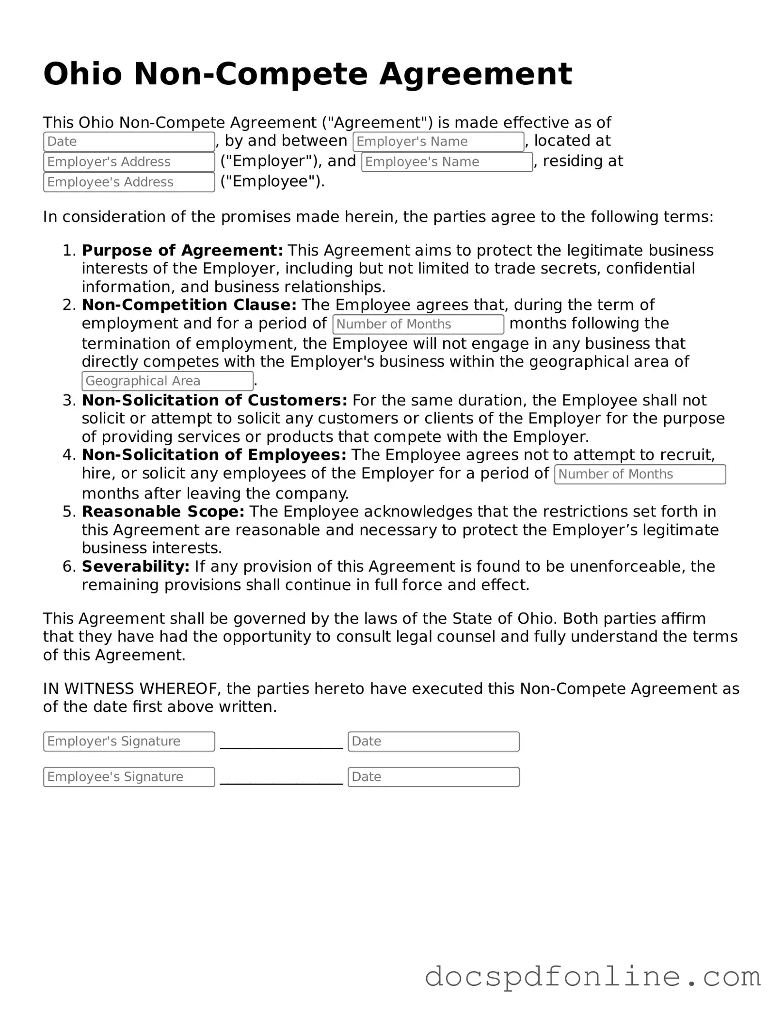 Legal  Non-compete Agreement Template for Ohio