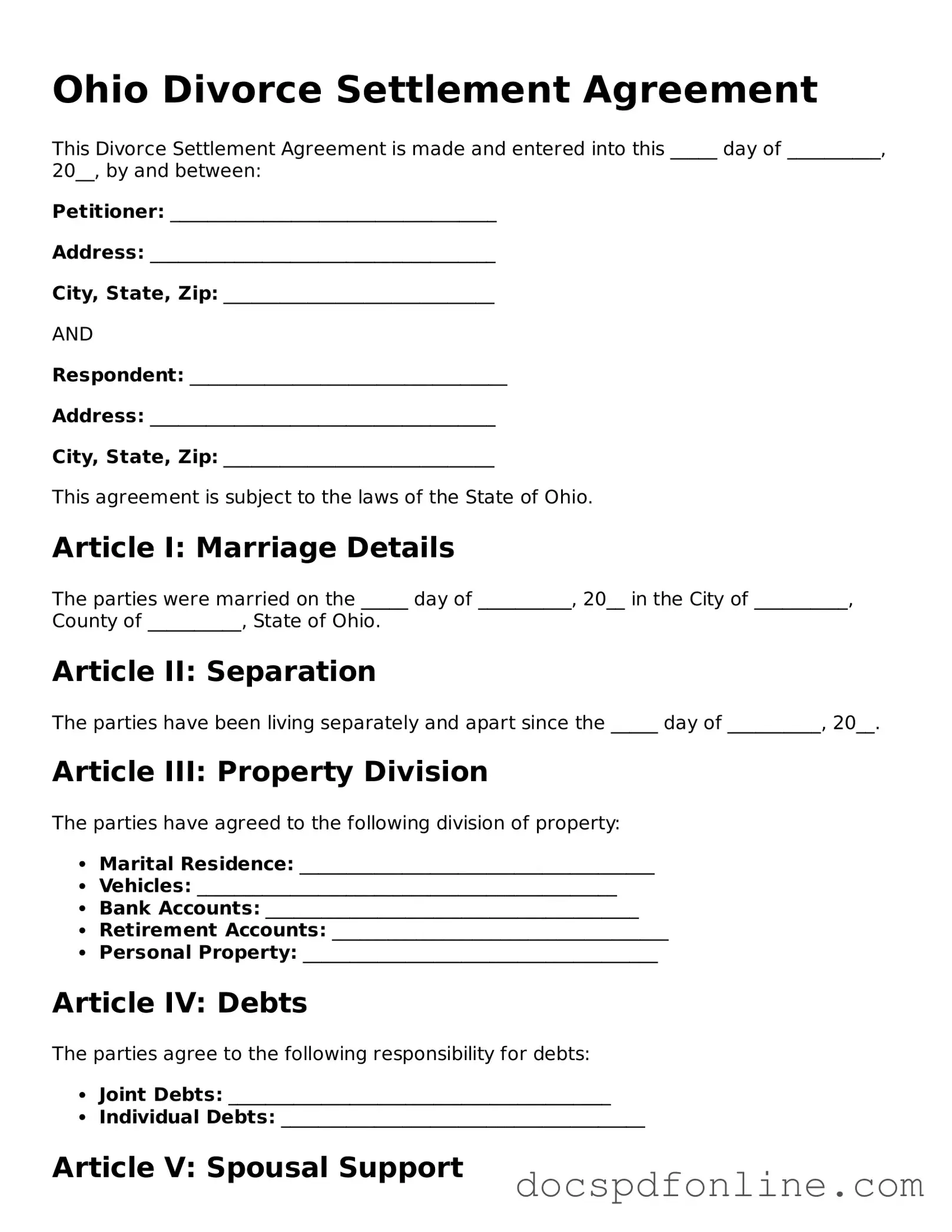 Legal  Divorce Settlement Agreement Template for Ohio