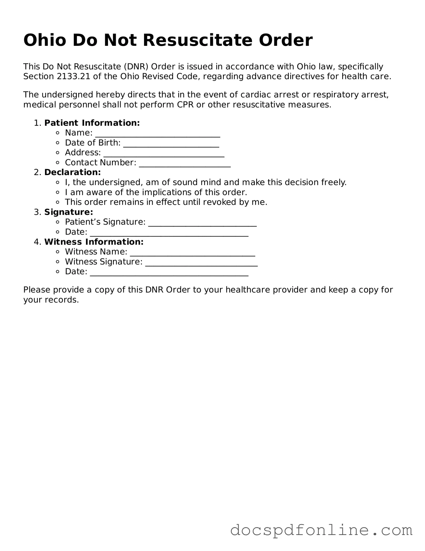 Legal Do Not Resuscitate Order Template for Ohio