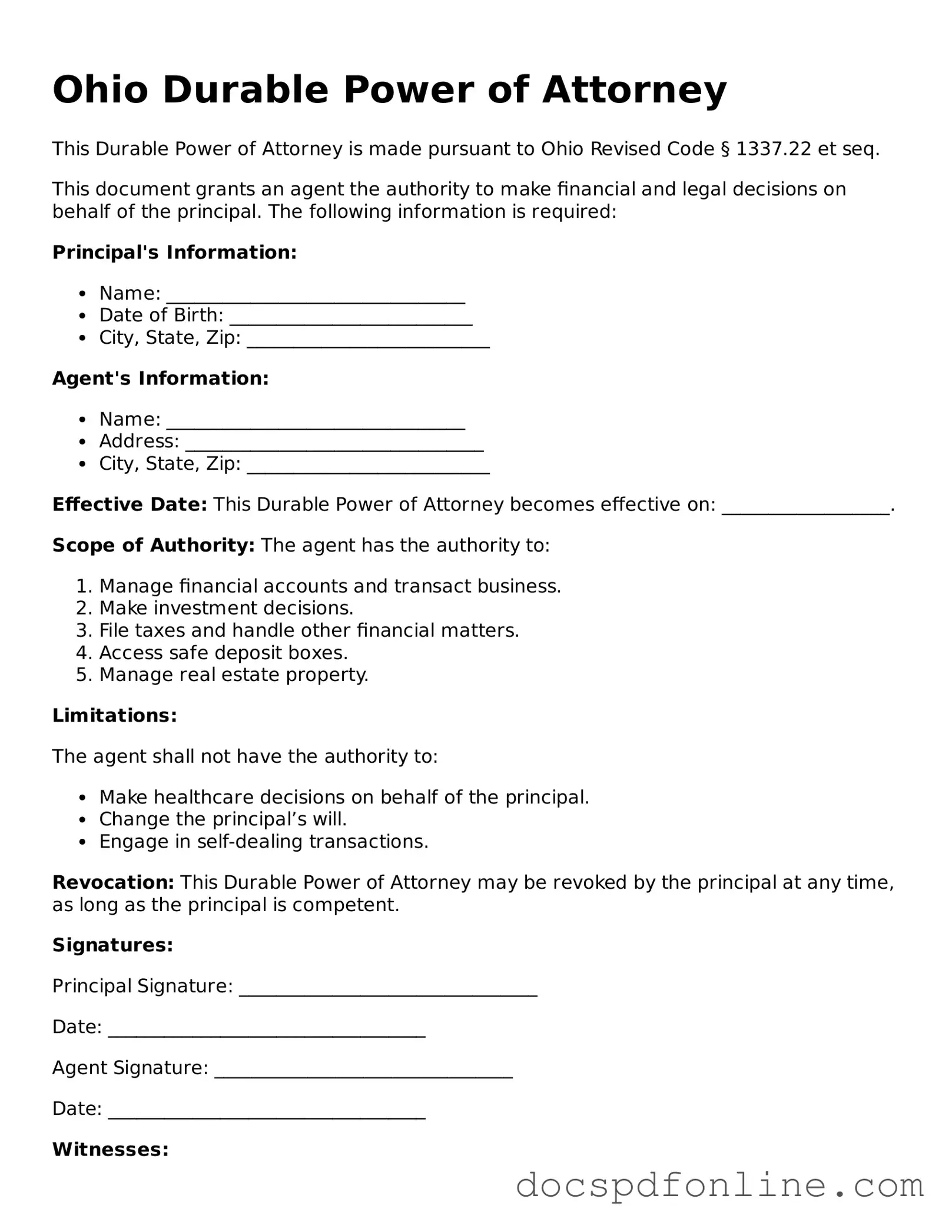 Legal  Durable Power of Attorney Template for Ohio