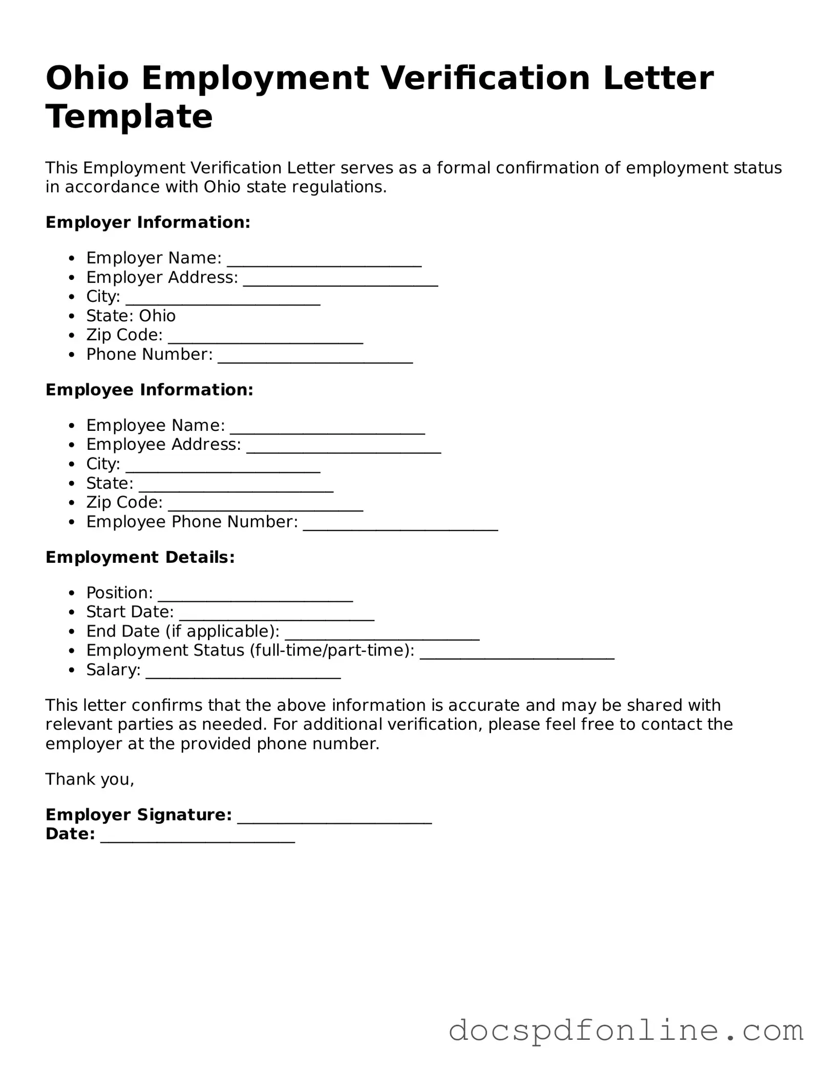 Legal  Employment Verification Template for Ohio