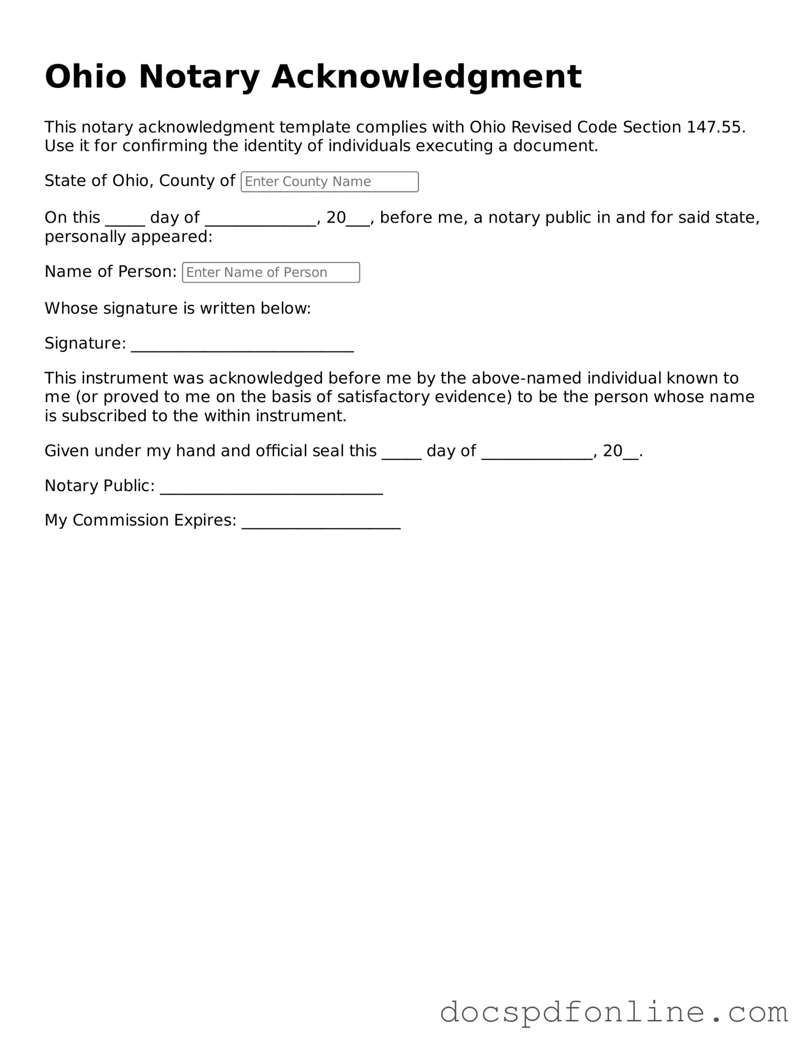 Legal Notary Acknowledgement Template for Ohio