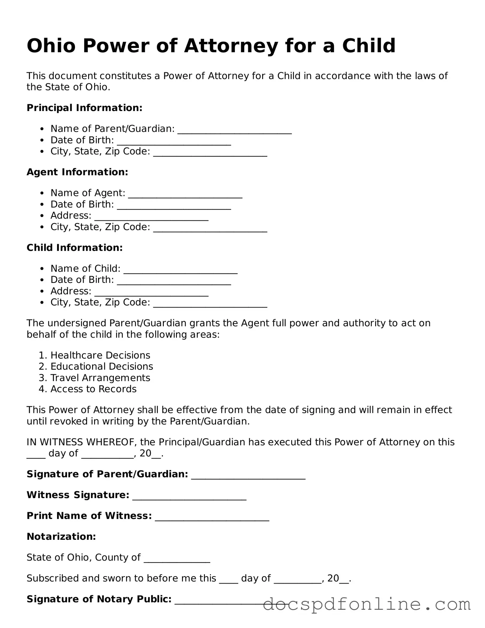 Legal  Power of Attorney for a Child Template for Ohio