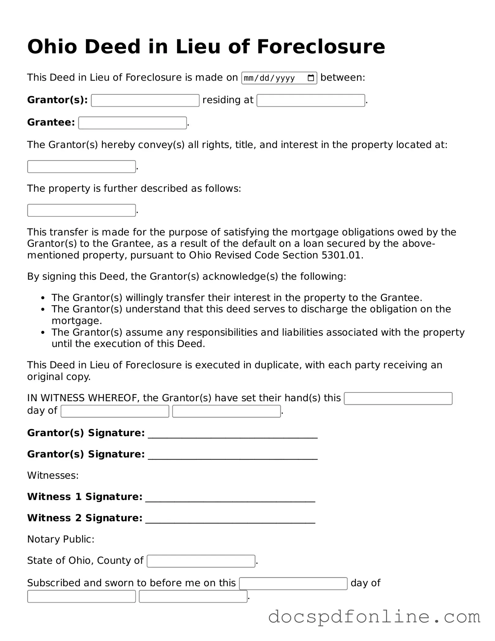 Legal Deed in Lieu of Foreclosure Template for Ohio