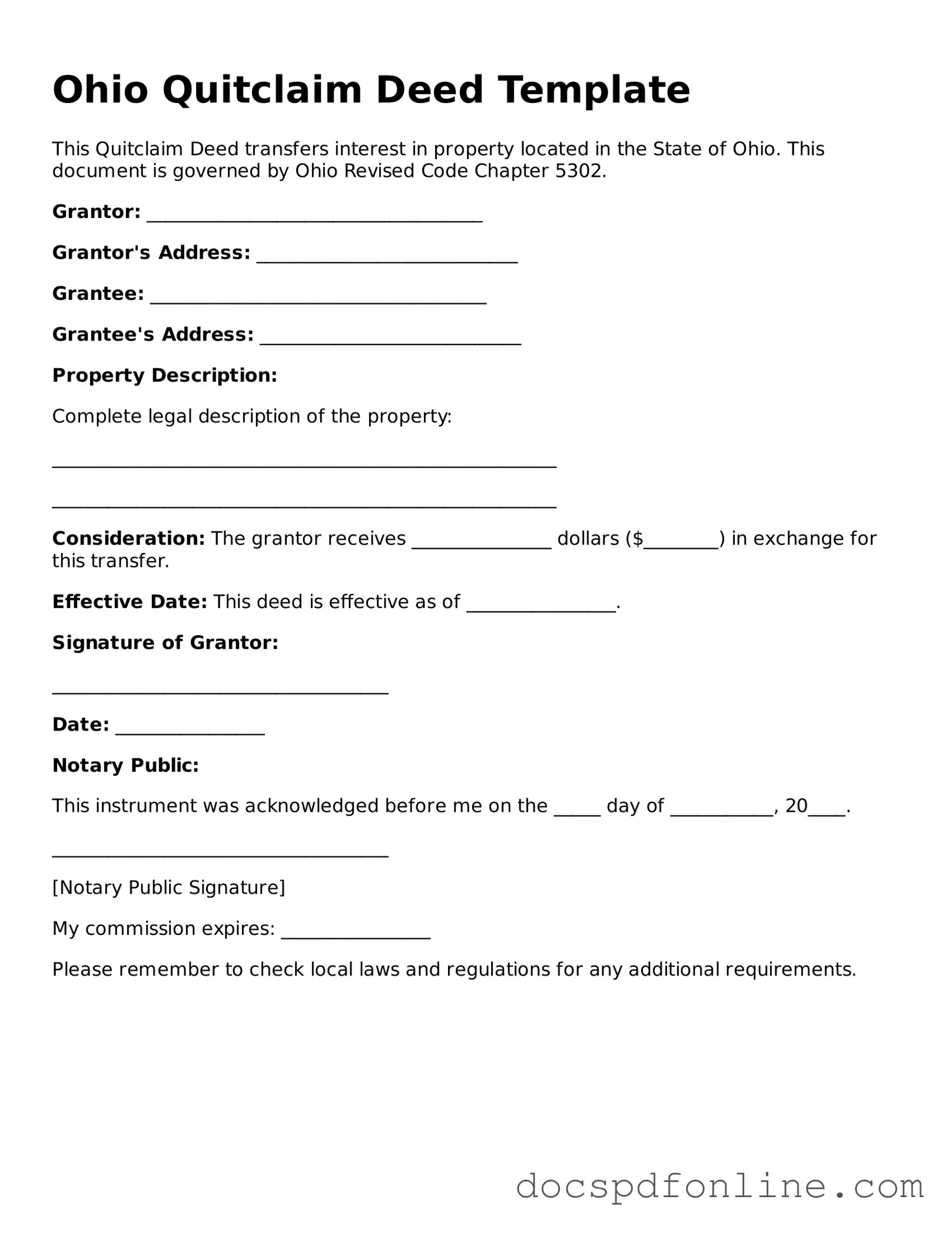 Legal  Quitclaim Deed Template for Ohio