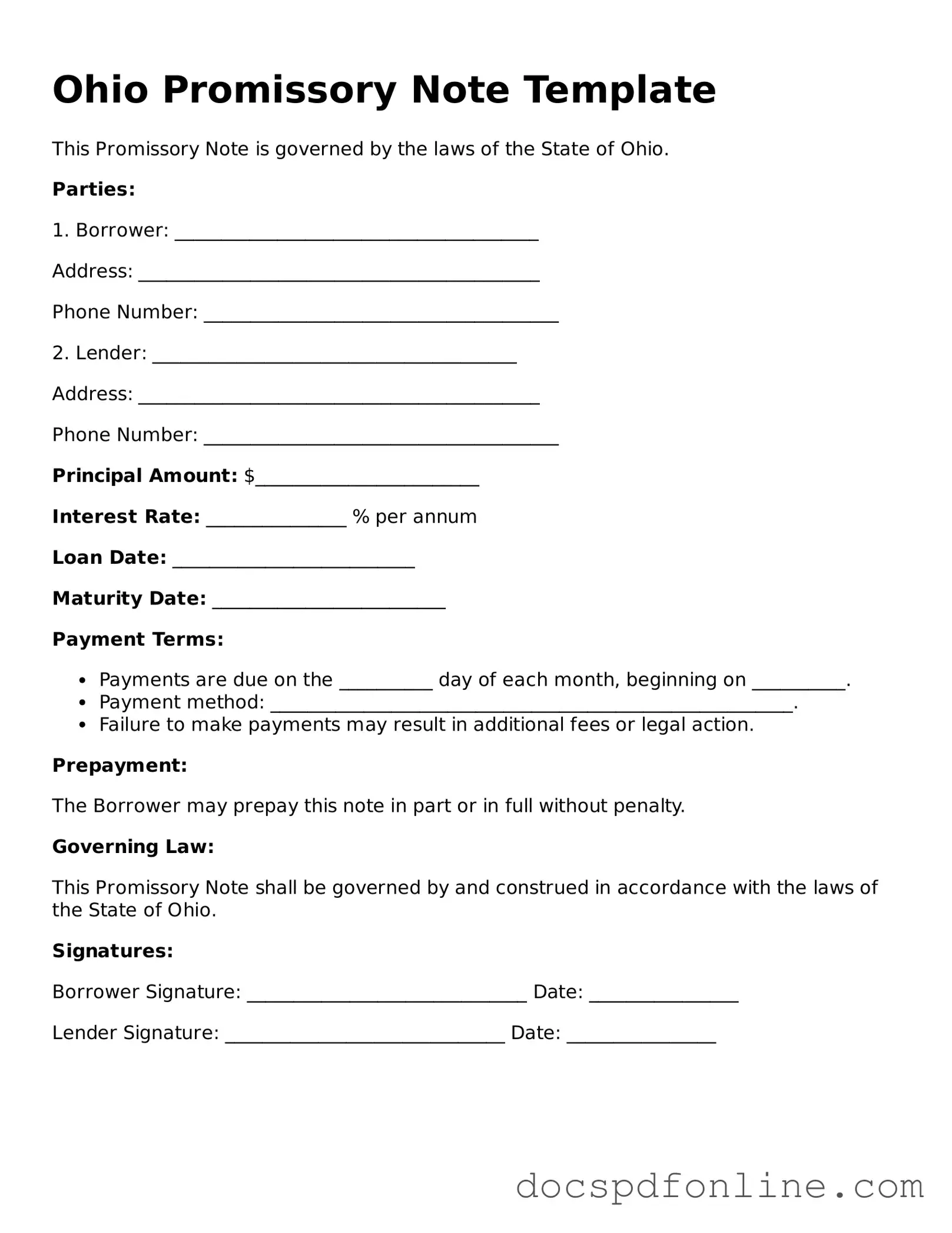 Legal  Promissory Note Template for Ohio