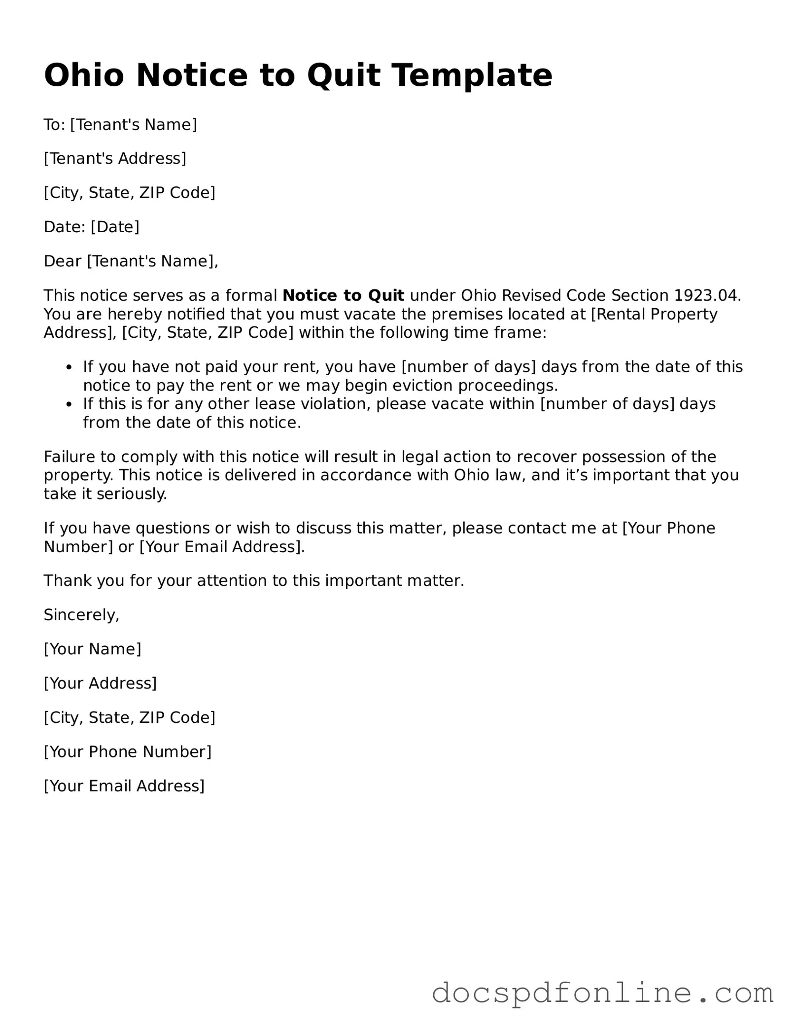 Legal  Notice to Quit Template for Ohio