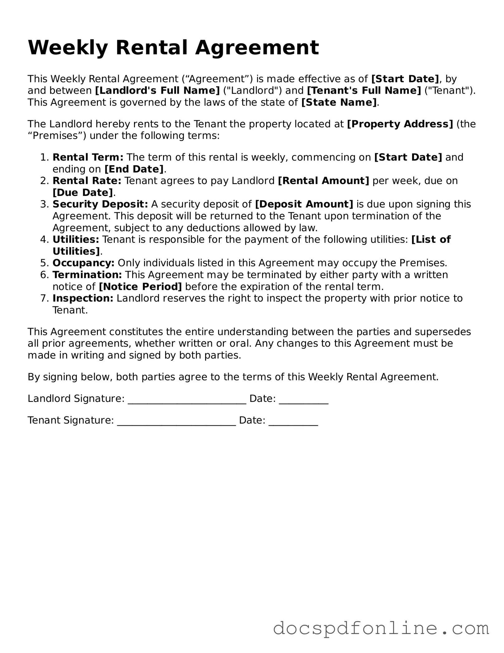 Attorney-Approved Weekly Rental Agreement Document