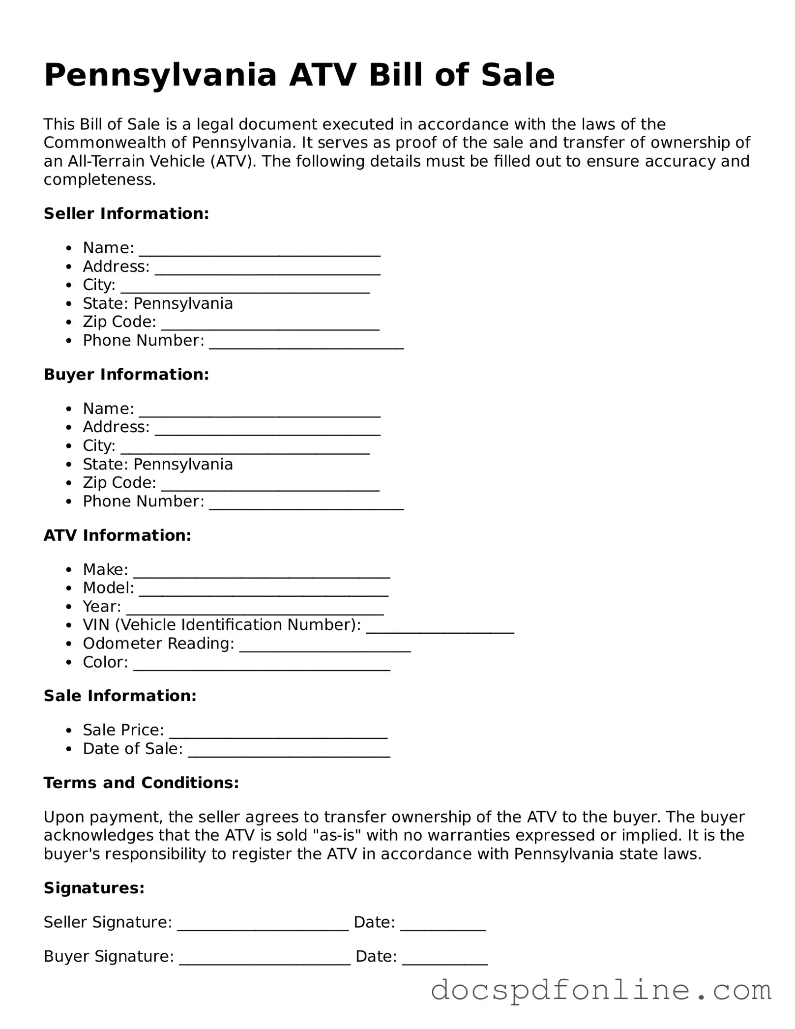 Legal  ATV Bill of Sale Template for Pennsylvania