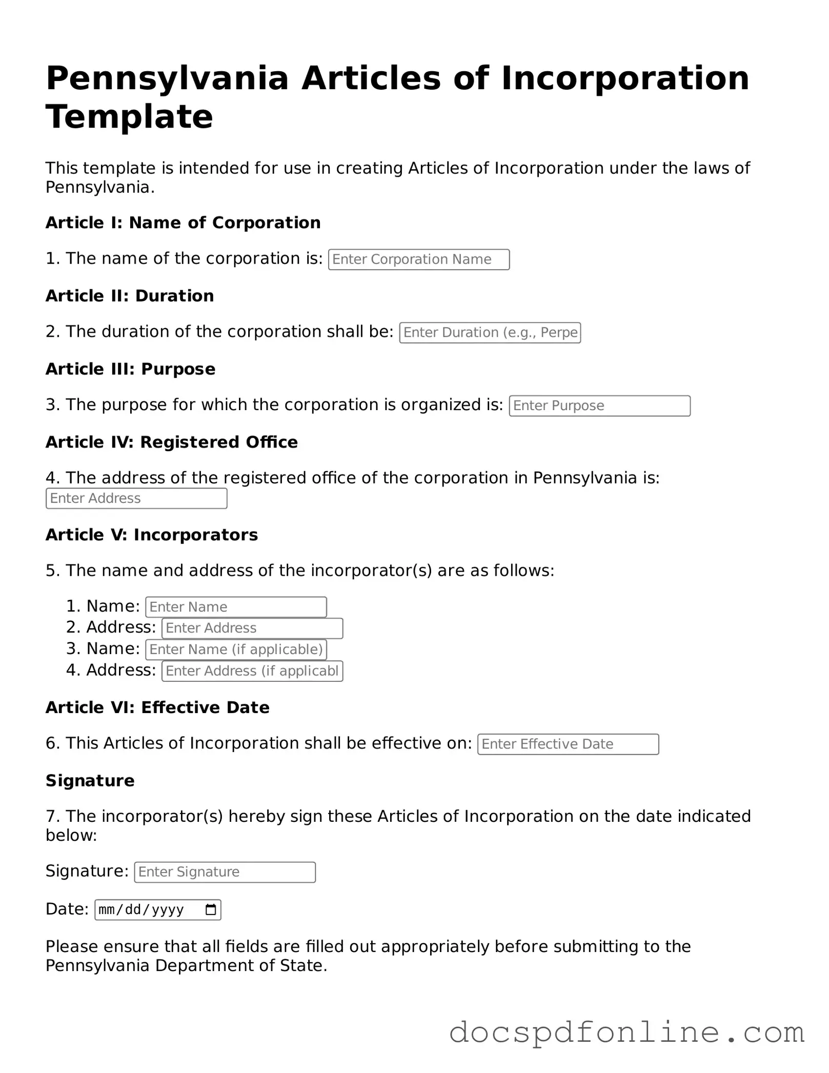 Legal Articles of Incorporation Template for Pennsylvania