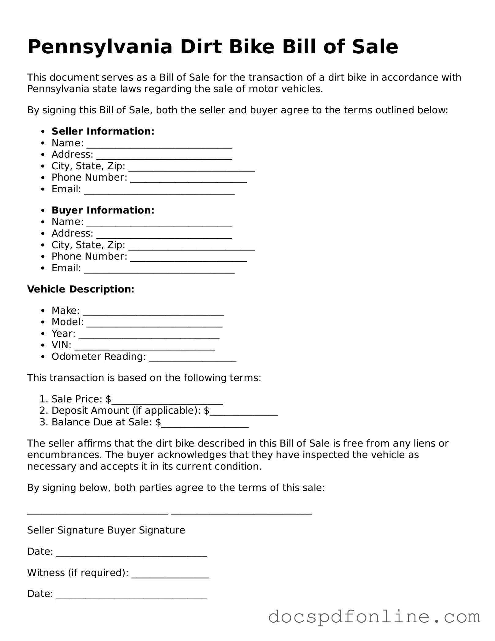 Legal  Dirt Bike Bill of Sale Template for Pennsylvania