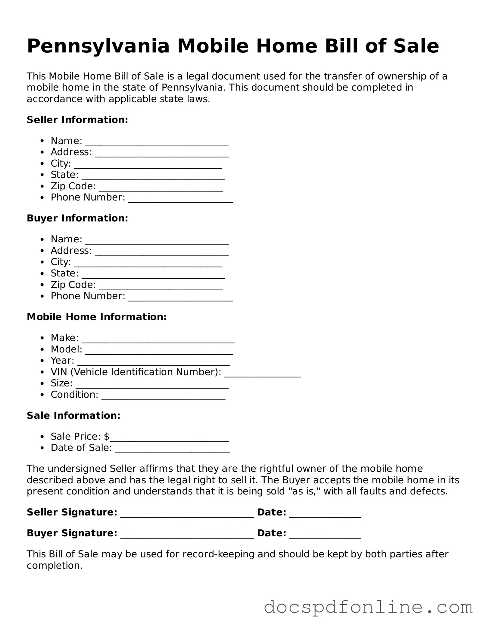 Legal  Mobile Home Bill of Sale Template for Pennsylvania