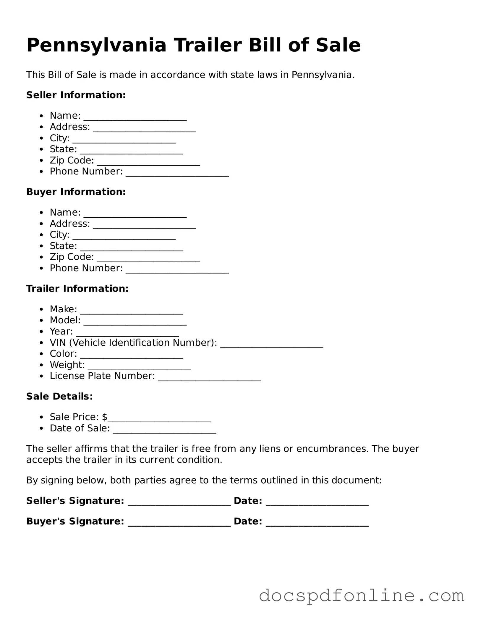 Legal  Trailer Bill of Sale Template for Pennsylvania