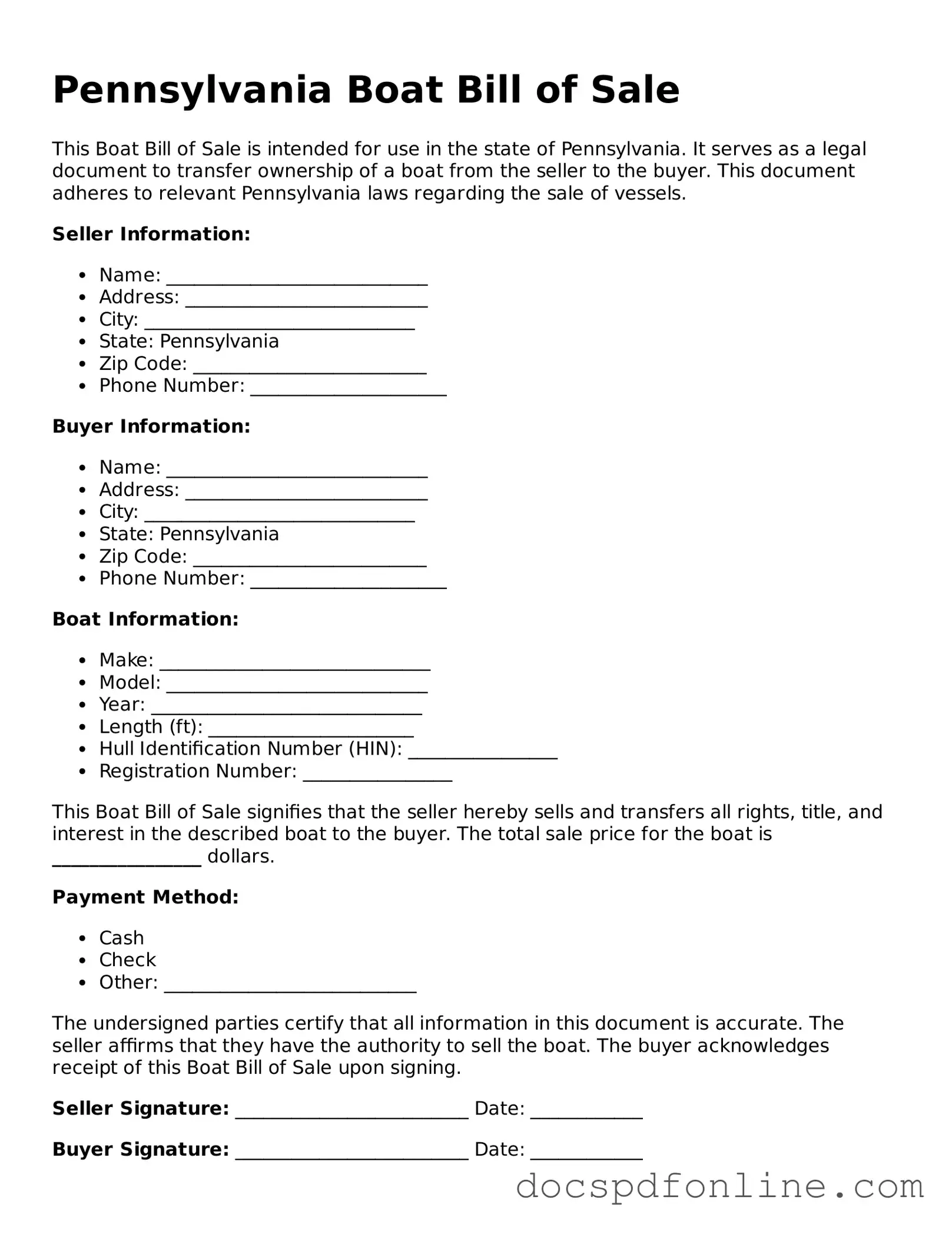 Legal  Boat Bill of Sale Template for Pennsylvania
