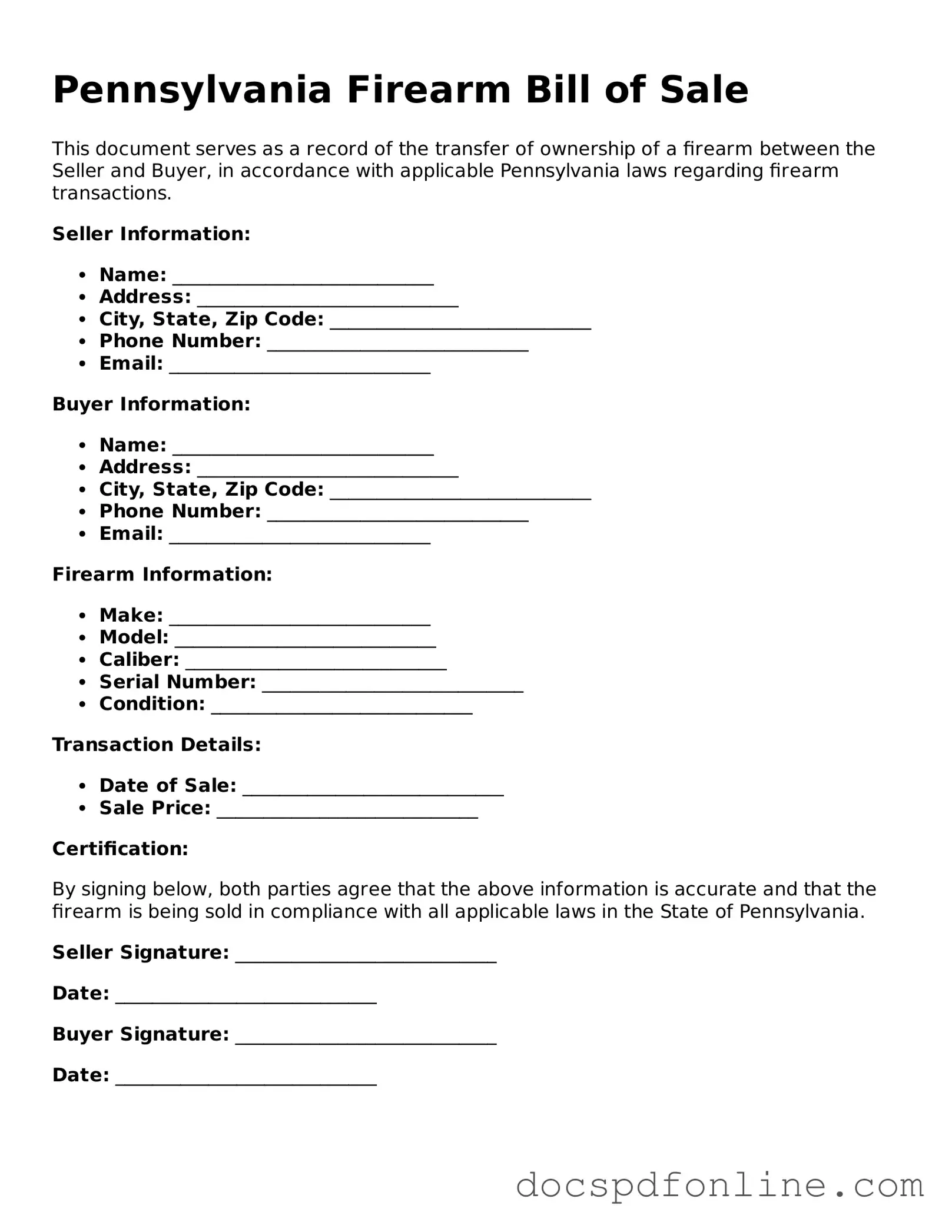 Legal  Firearm Bill of Sale Template for Pennsylvania