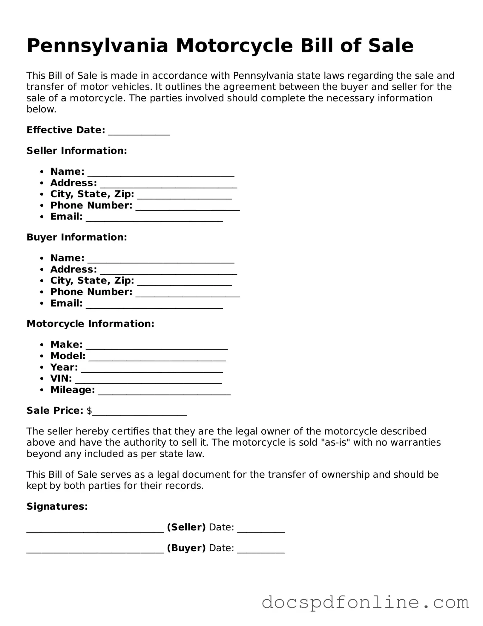 Legal  Motorcycle Bill of Sale Template for Pennsylvania