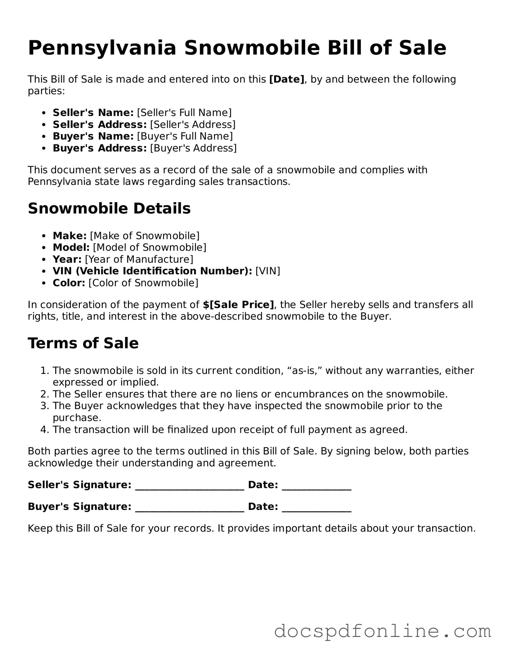 Legal  Snowmobile Bill of Sale Template for Pennsylvania