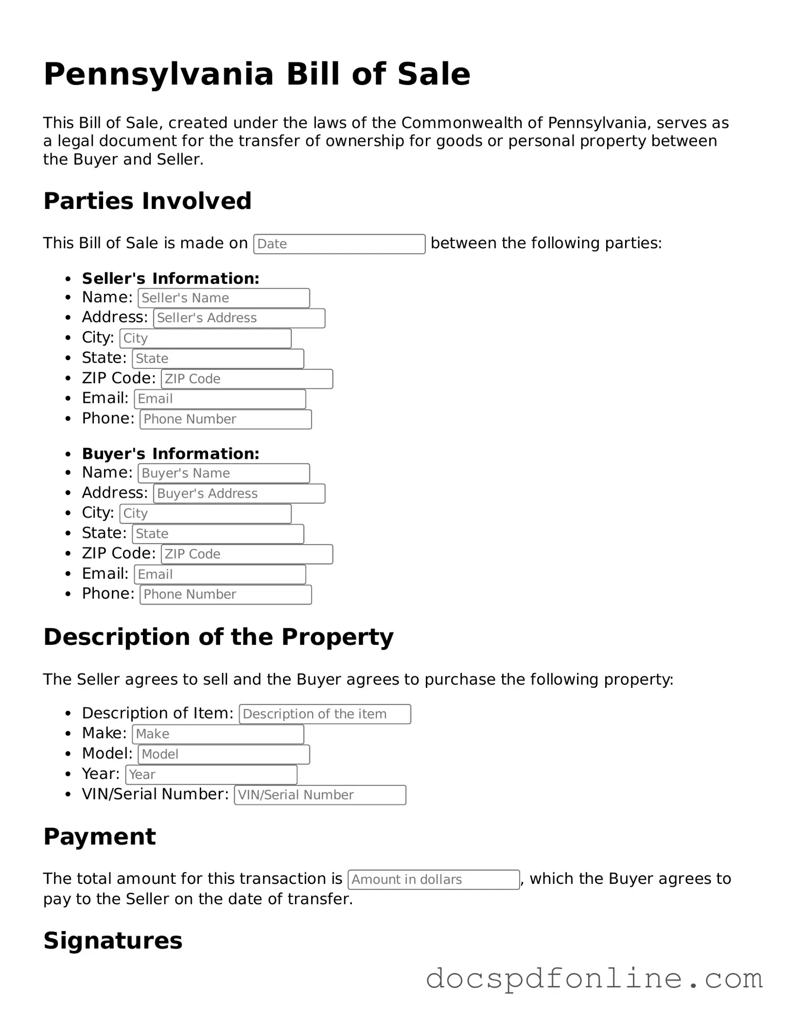 Legal Bill of Sale Template for Pennsylvania