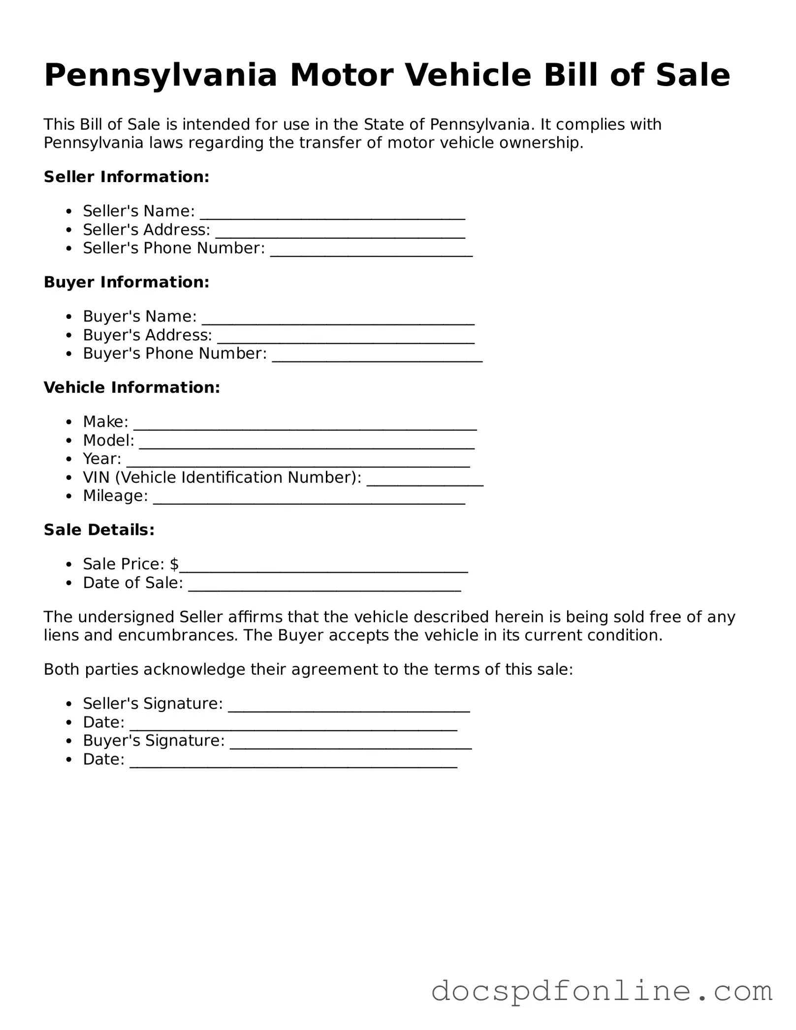 Legal  Motor Vehicle Bill of Sale Template for Pennsylvania