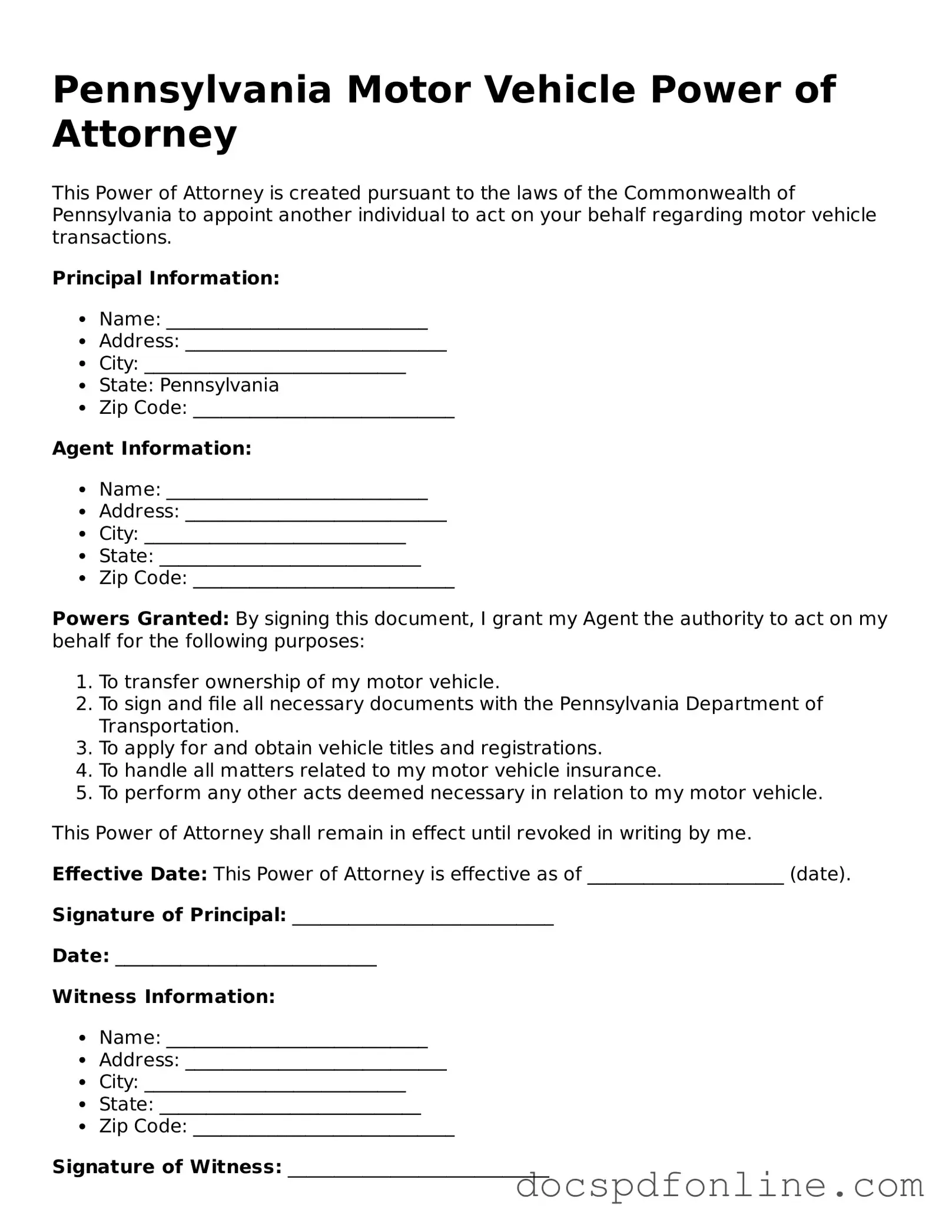 Legal  Motor Vehicle Power of Attorney Template for Pennsylvania