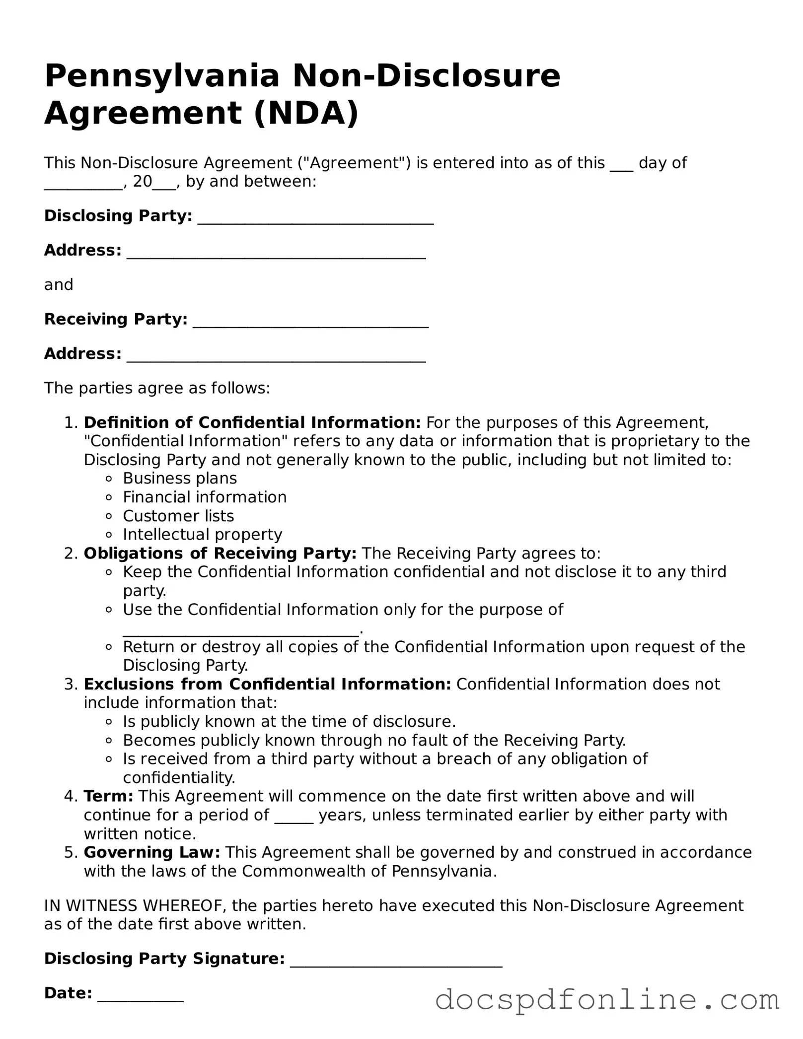 Legal  Non-disclosure Agreement Template for Pennsylvania
