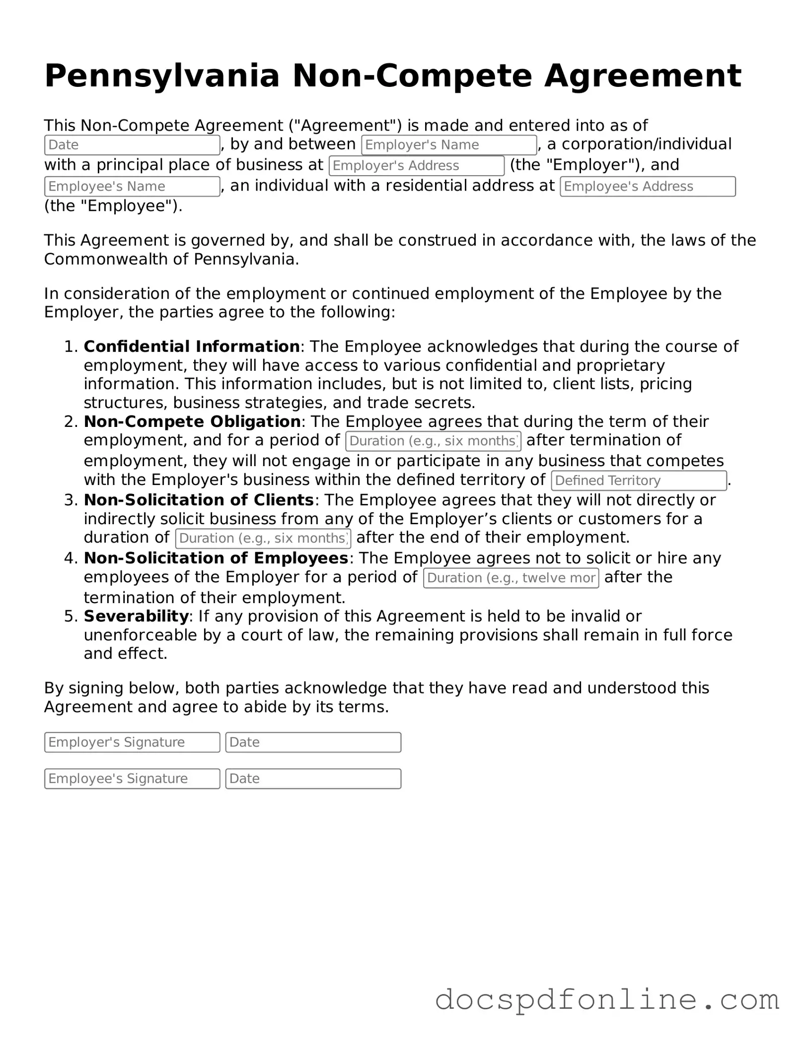Legal  Non-compete Agreement Template for Pennsylvania