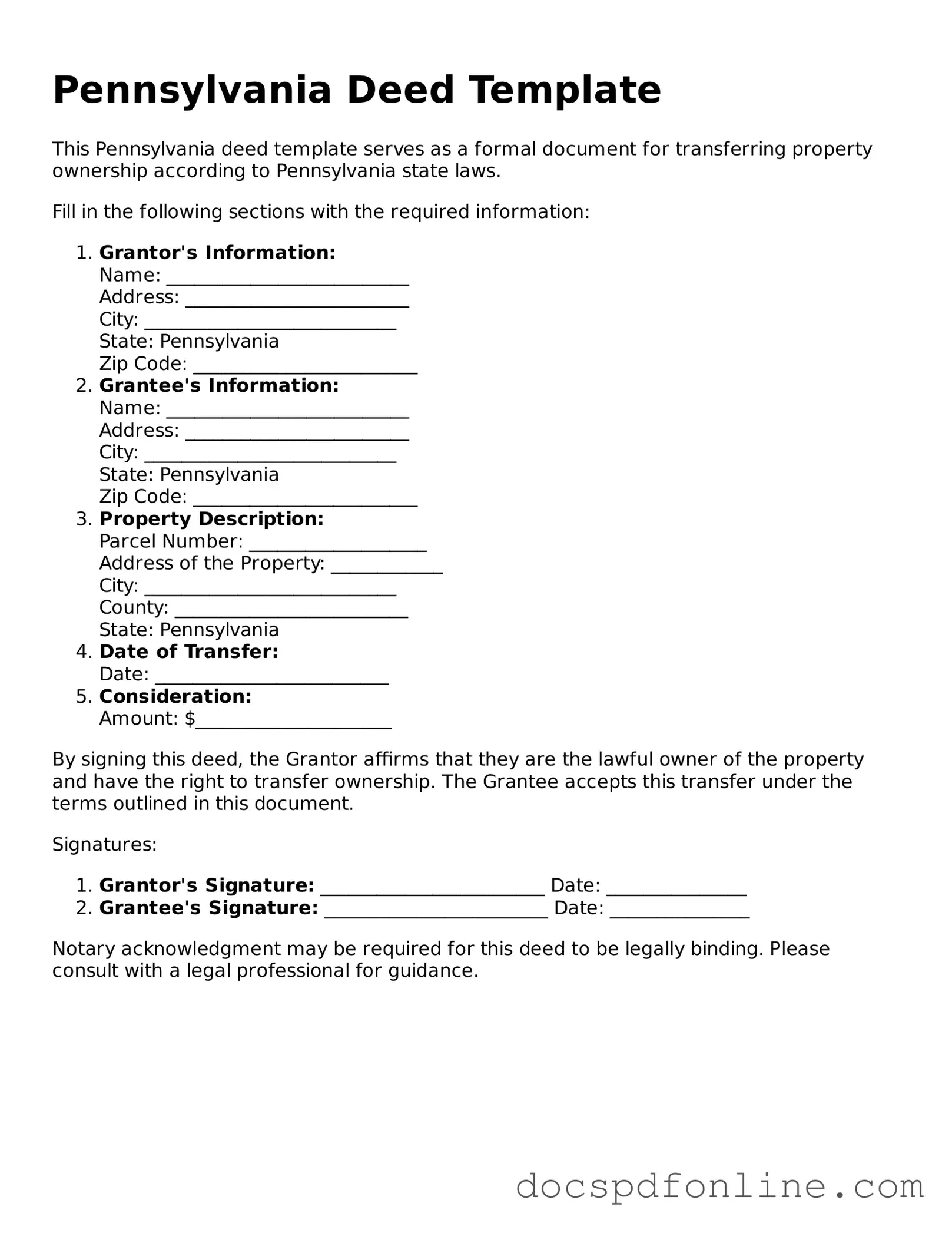 Legal  Deed Template for Pennsylvania