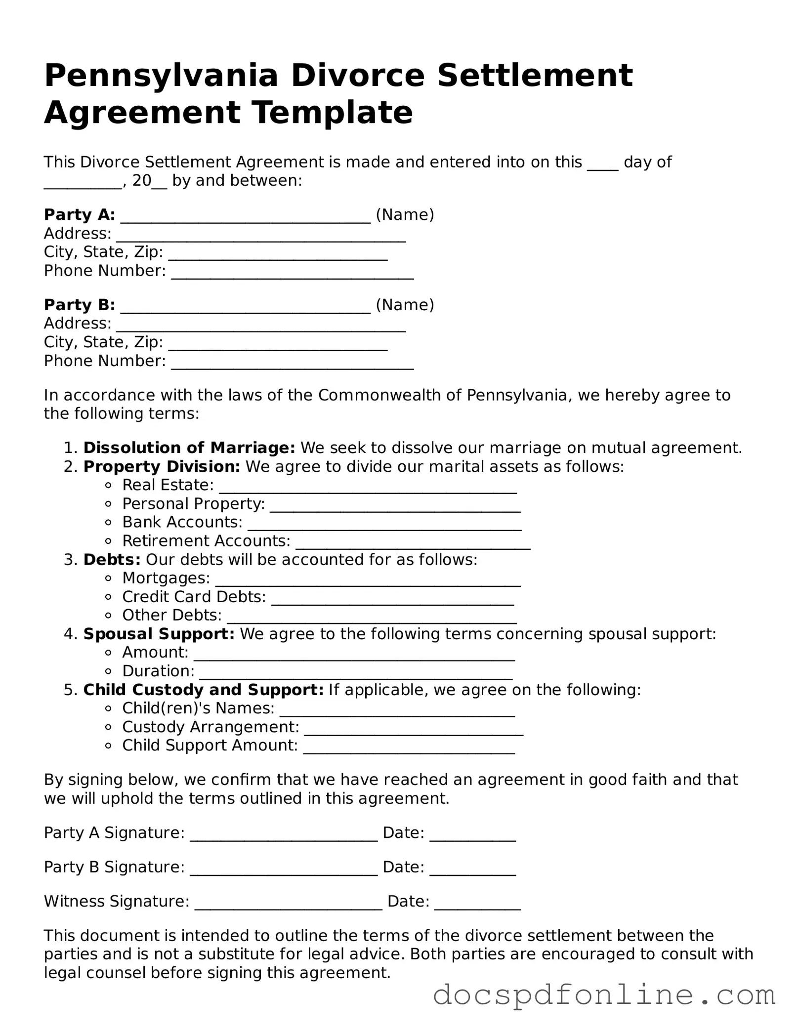 Legal  Divorce Settlement Agreement Template for Pennsylvania