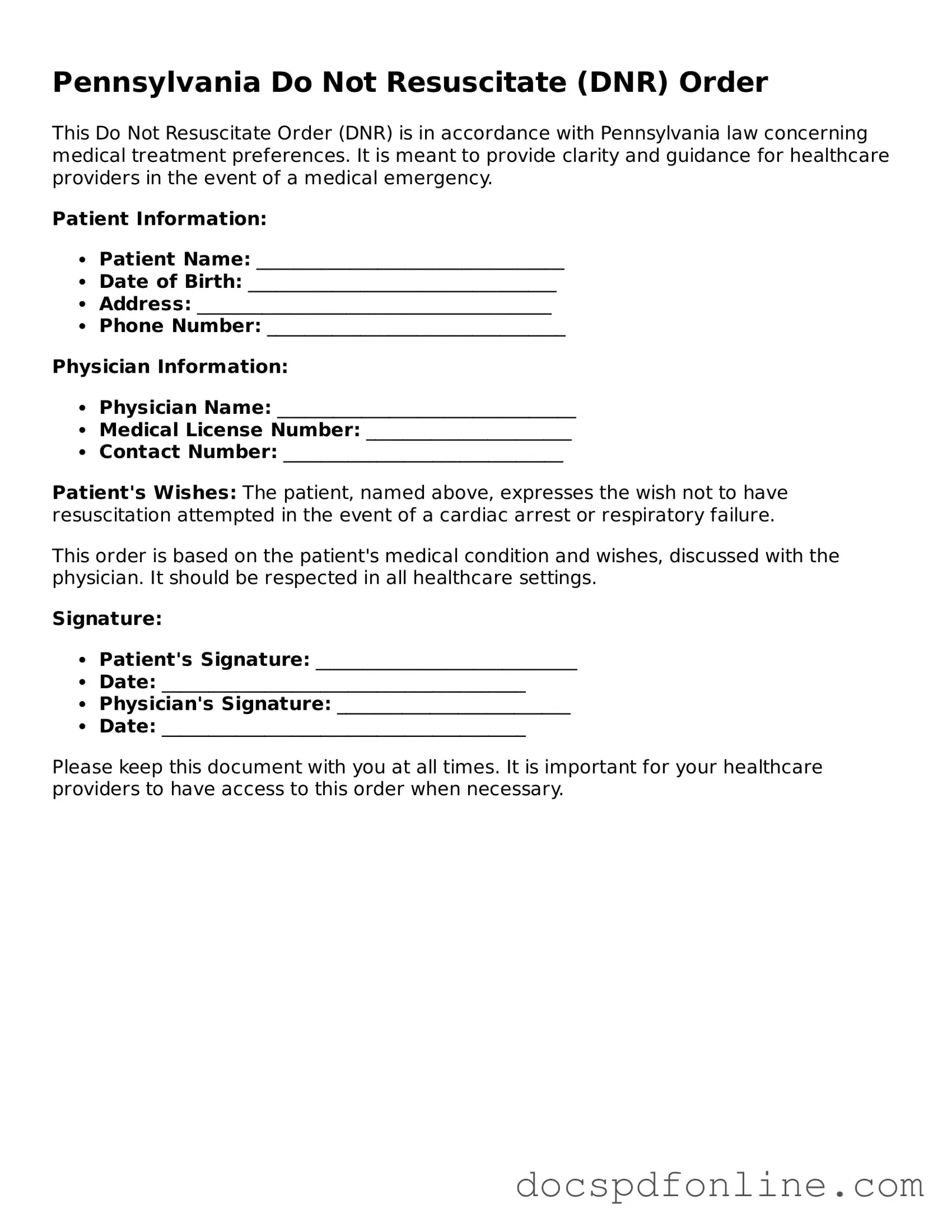 Legal  Do Not Resuscitate Order Template for Pennsylvania