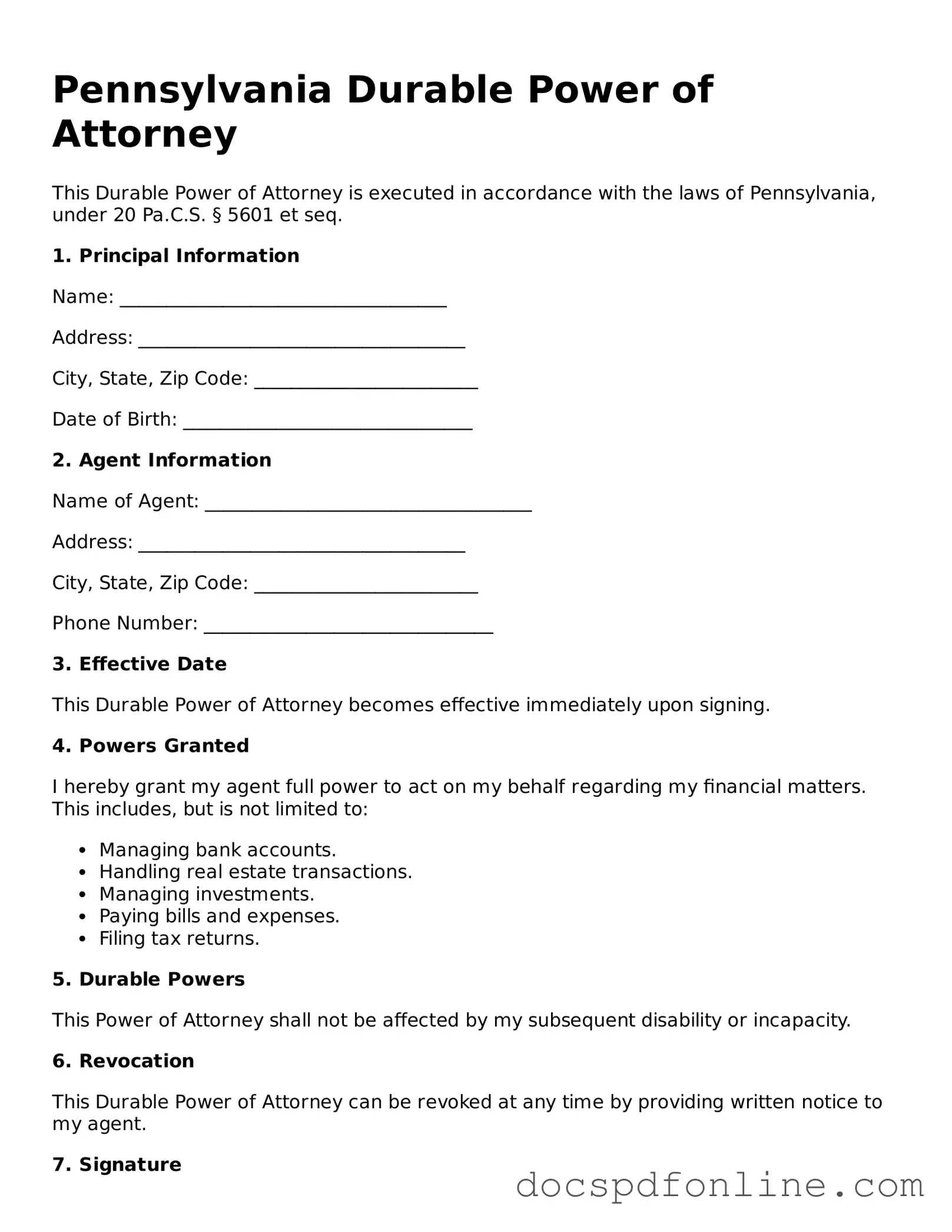 Legal  Durable Power of Attorney Template for Pennsylvania