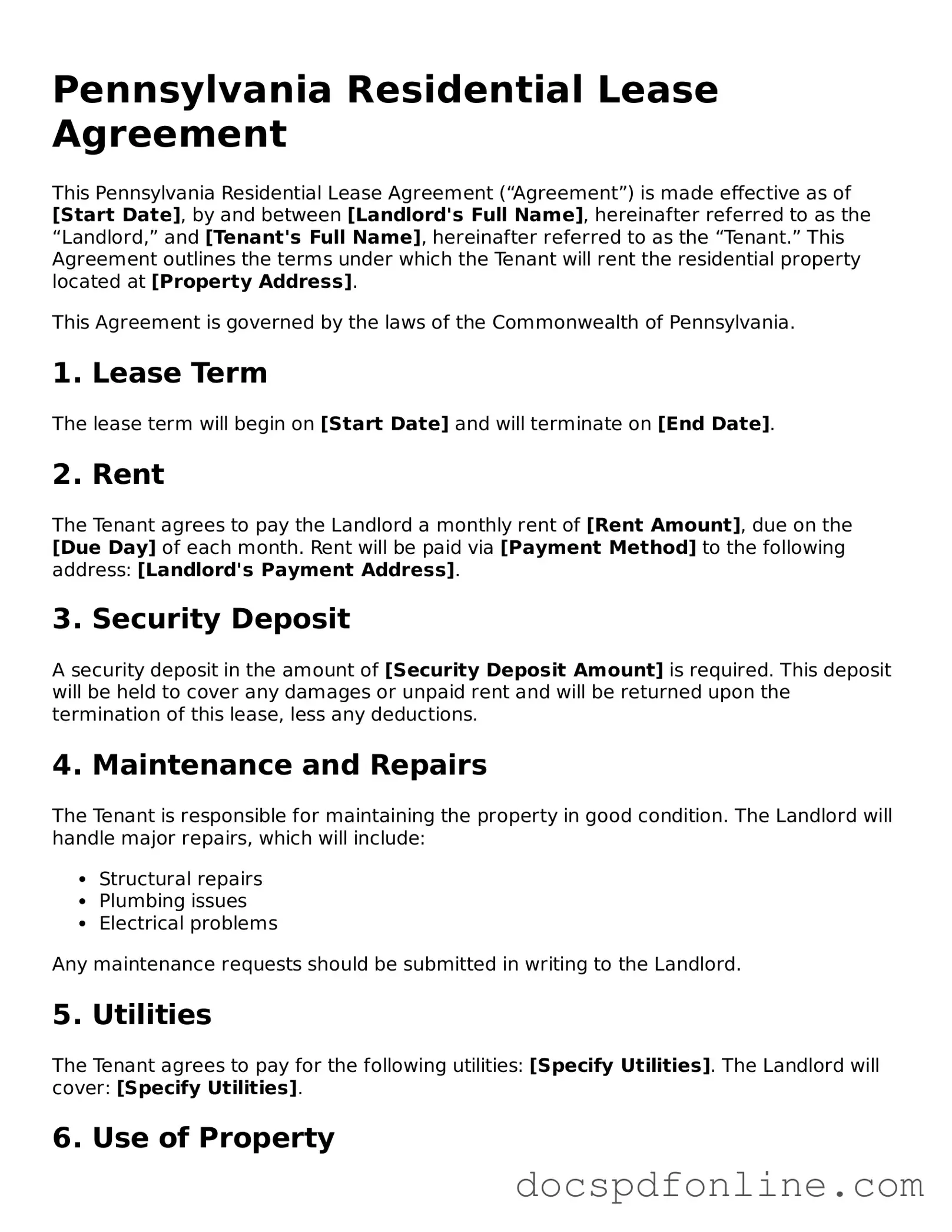 Legal  Residential Lease Agreement Template for Pennsylvania